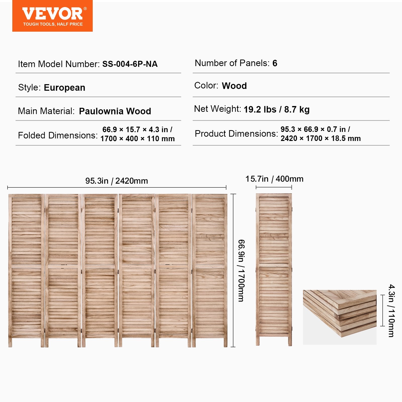Medinė kambario pertvara VEVOR SS-004-6P-NA, 6 dalių