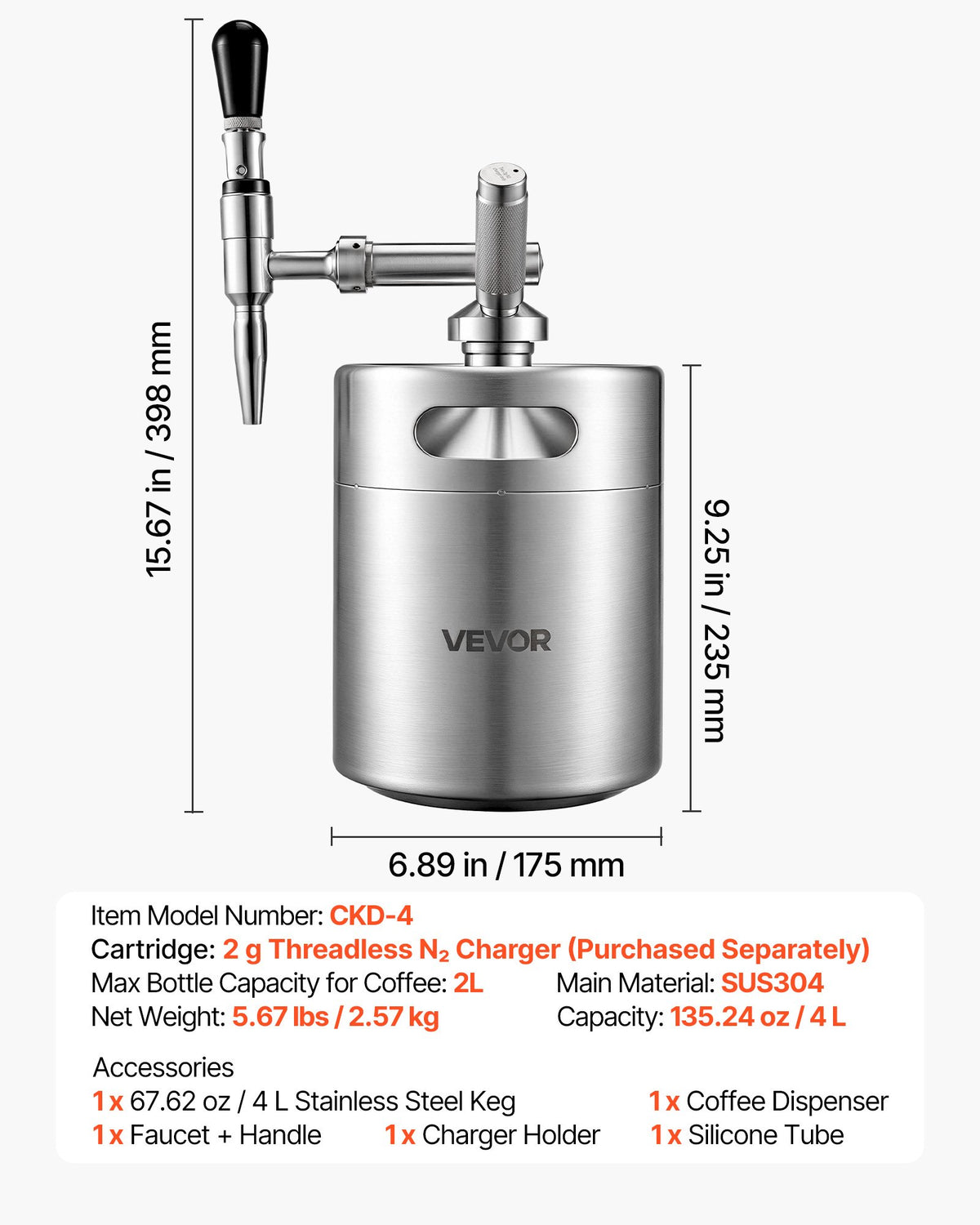Nitro šalto plikymo kavos aparatas VEVOR CKD-4, 4 l talpa