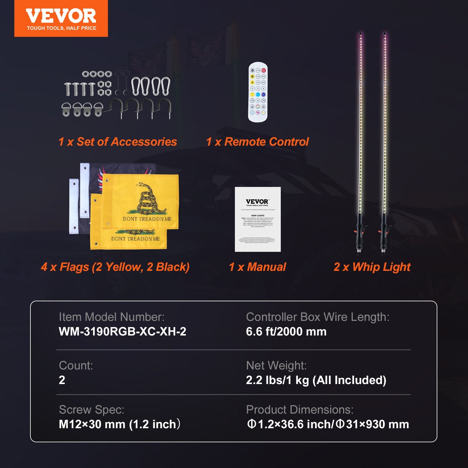 LED antenos visureigiams VEVOR WM-3190RGB-XC-XH-2, 90 cm