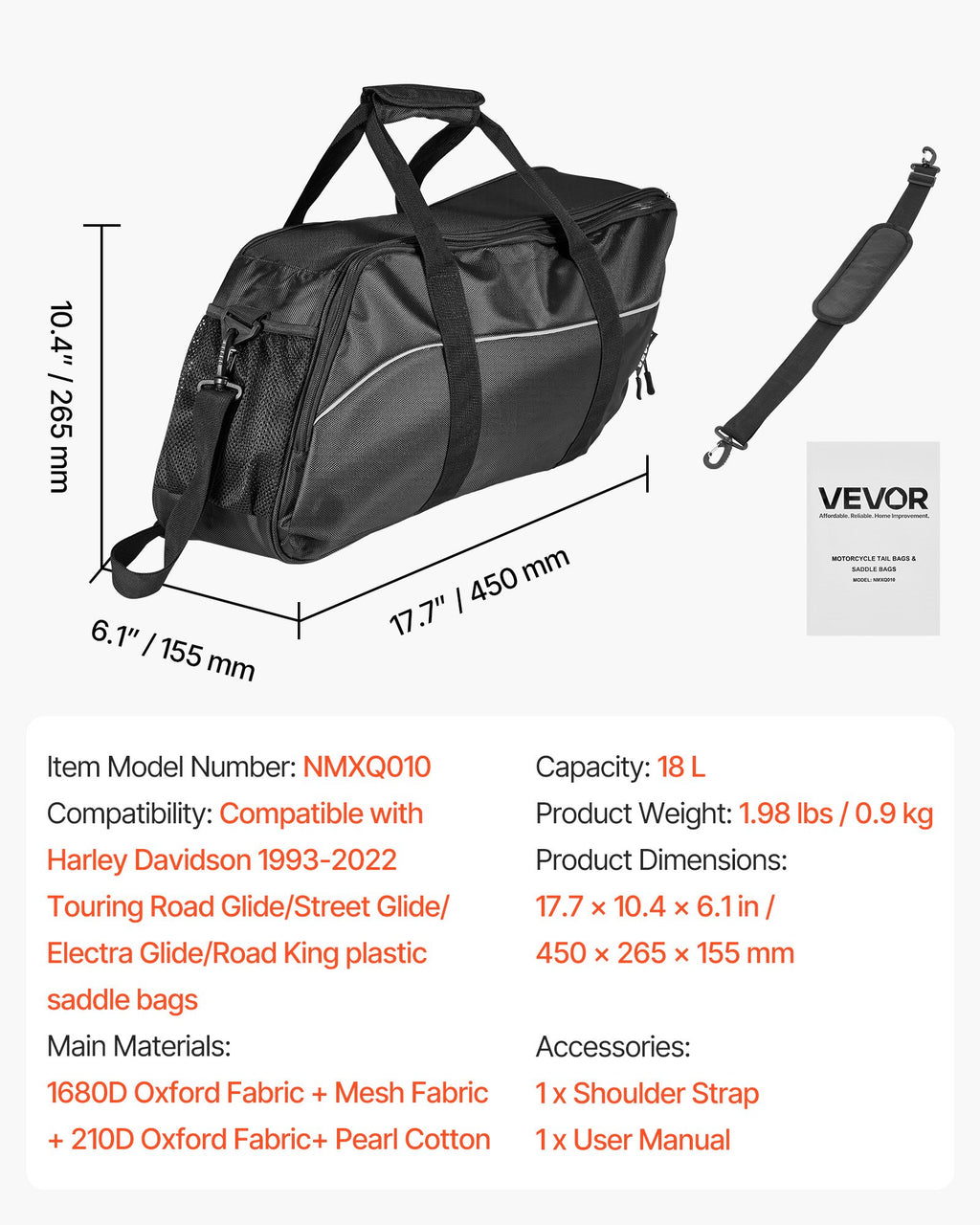 Motociklo krepšių įdėklas VEVOR NMXQ010, 18 L
