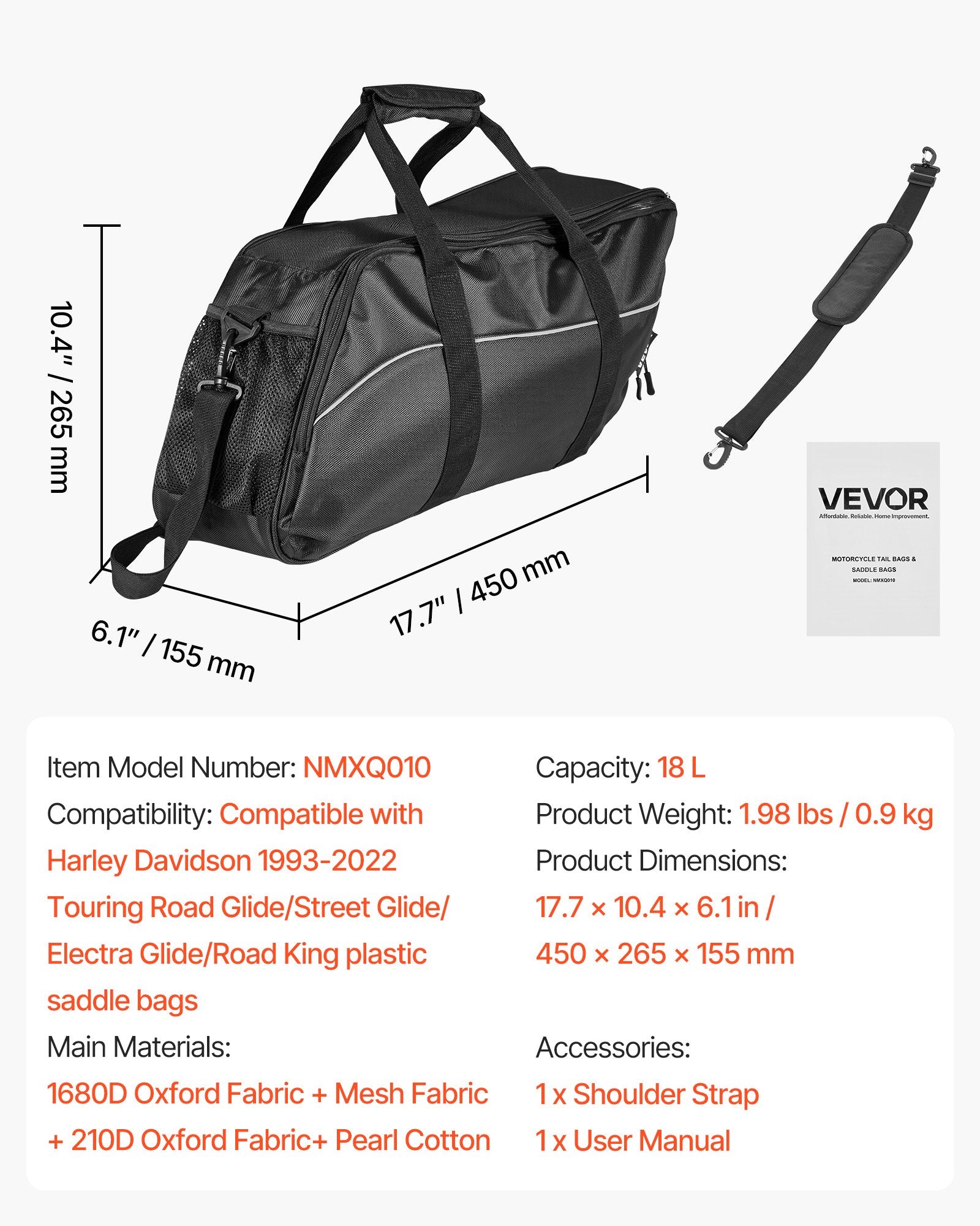 Motociklo krepšių įdėklas VEVOR NMXQ010, 18 L