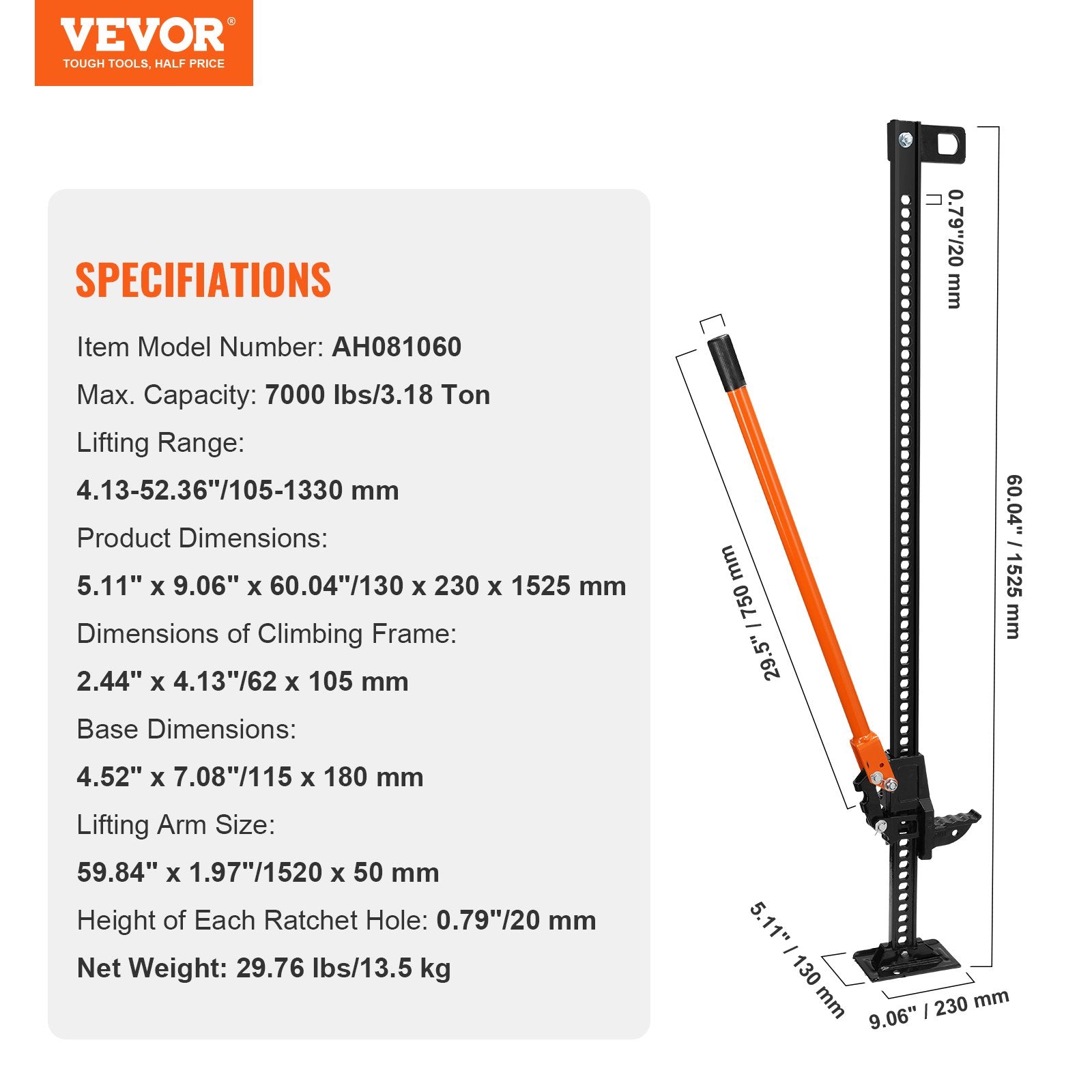 Aukšto kėlimo domkratas VEVOR AH081060, 3175 kg