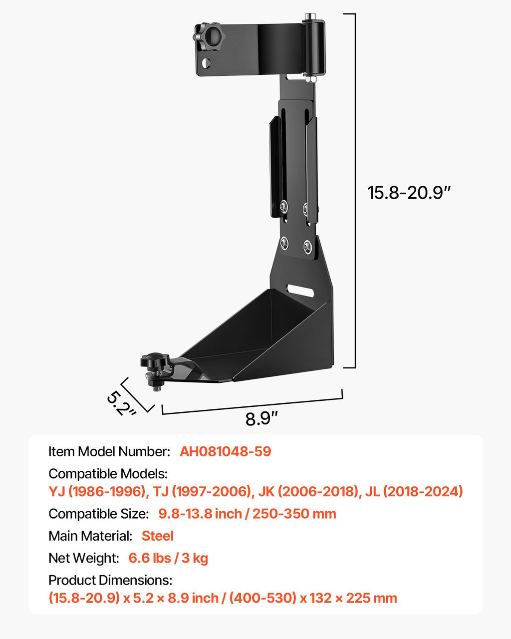 Visureigio domkrato laikiklis VEVOR AH081048-59, suderinamas su Jeep YJ/TJ/JK/JL