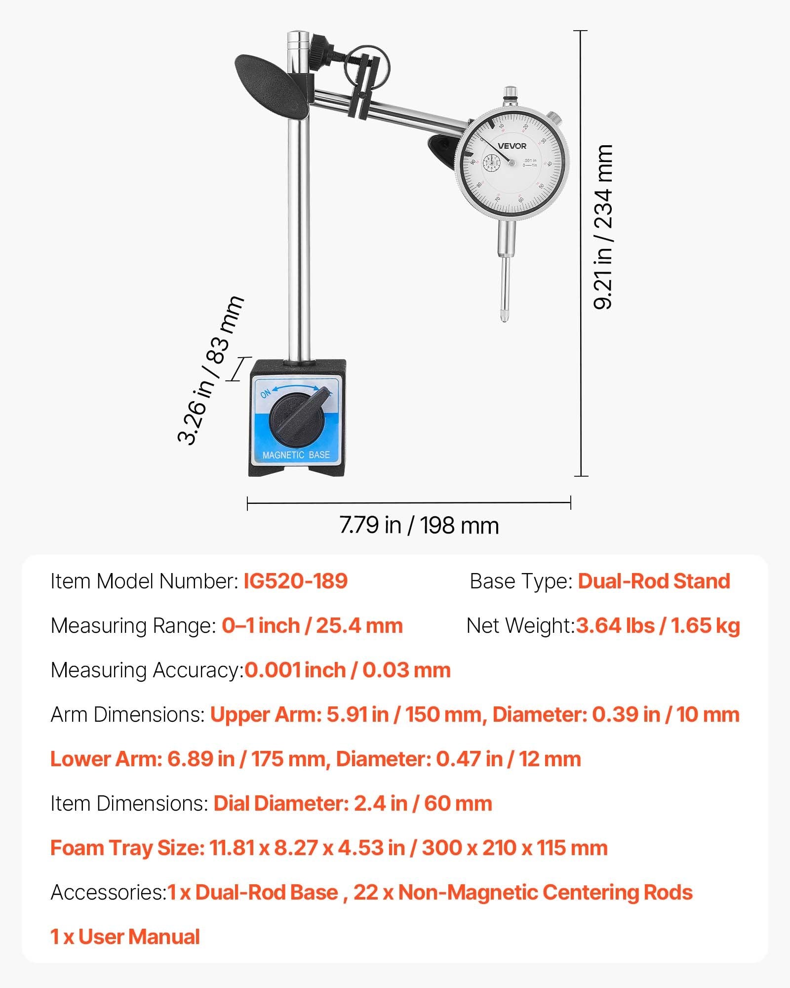 Indikatorinis laikrodis su magnetiniu stovu VEVOR IG520-189, 0,03 mm tikslumas