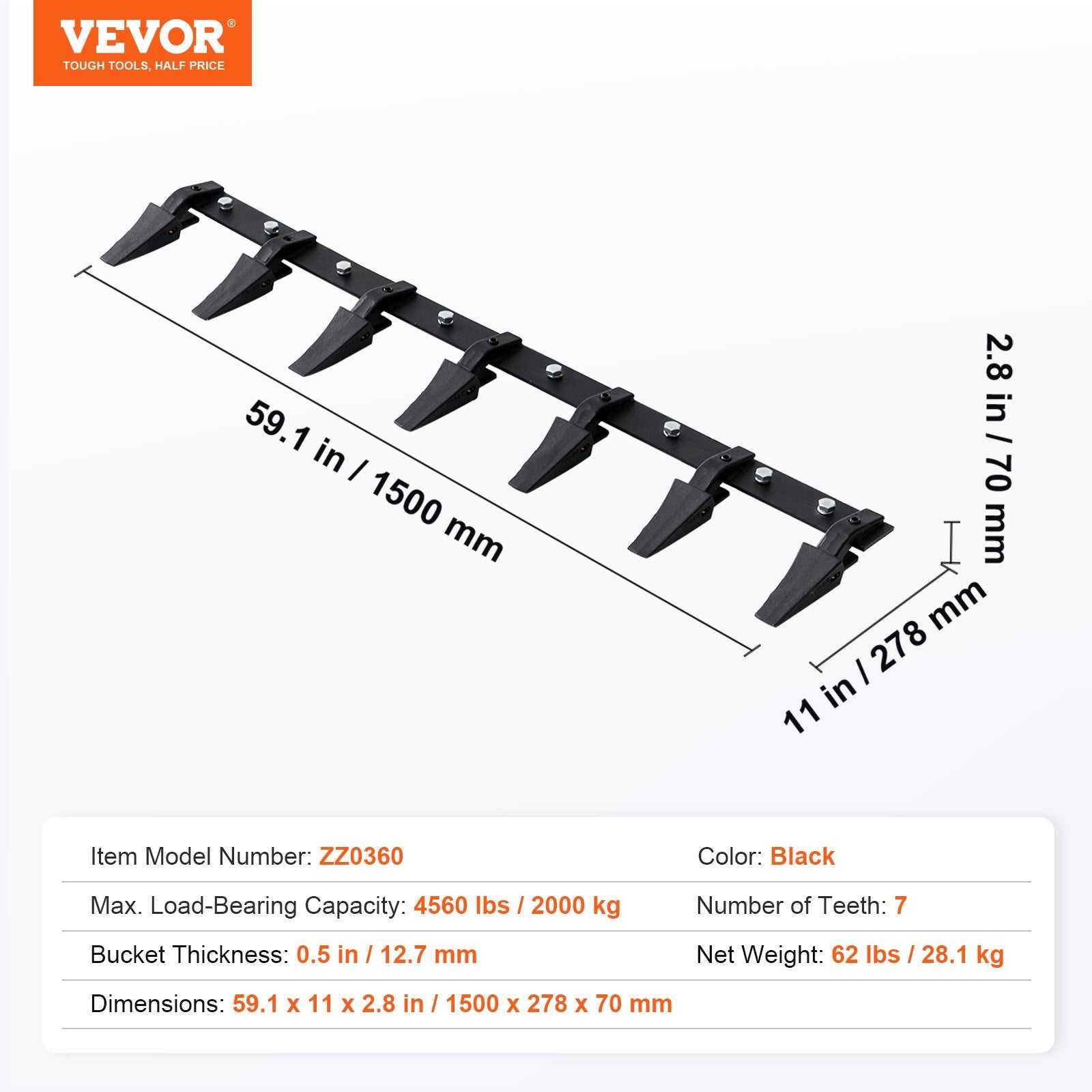 Ekskavatoriaus kaušo peilis su dantimis VEVOR ZZ0360, 150 cm