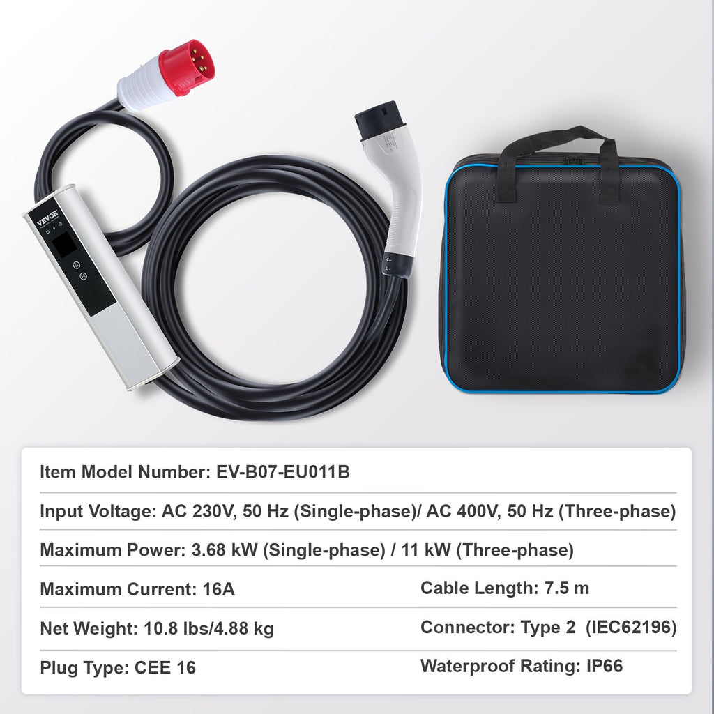 Nešiojamas elektromobilių įkroviklis VEVOR EV-B07-EU011B, 11 kW