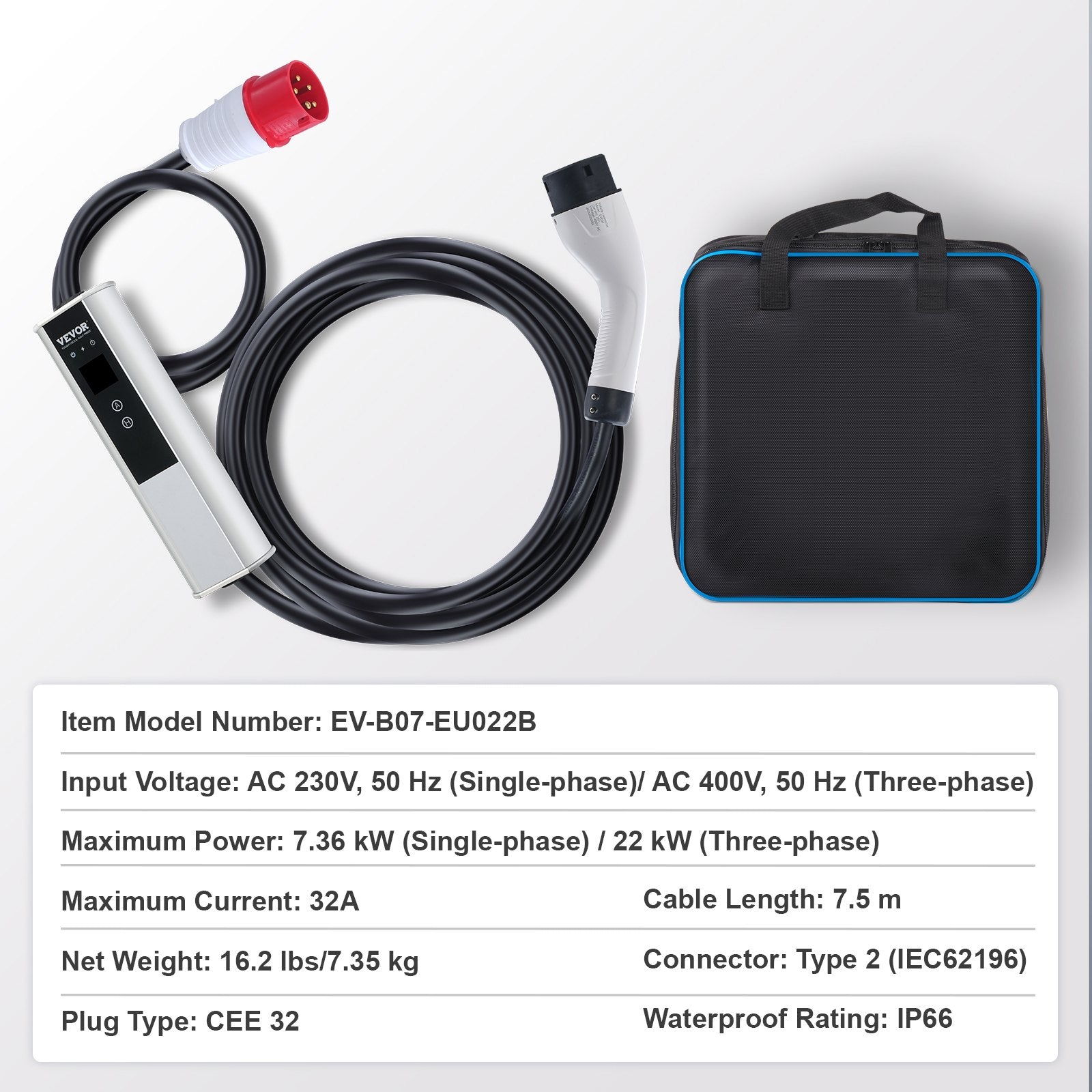 Nešiojamas elektromobilių įkroviklis VEVOR EV-B07-EU022B, 22 kW