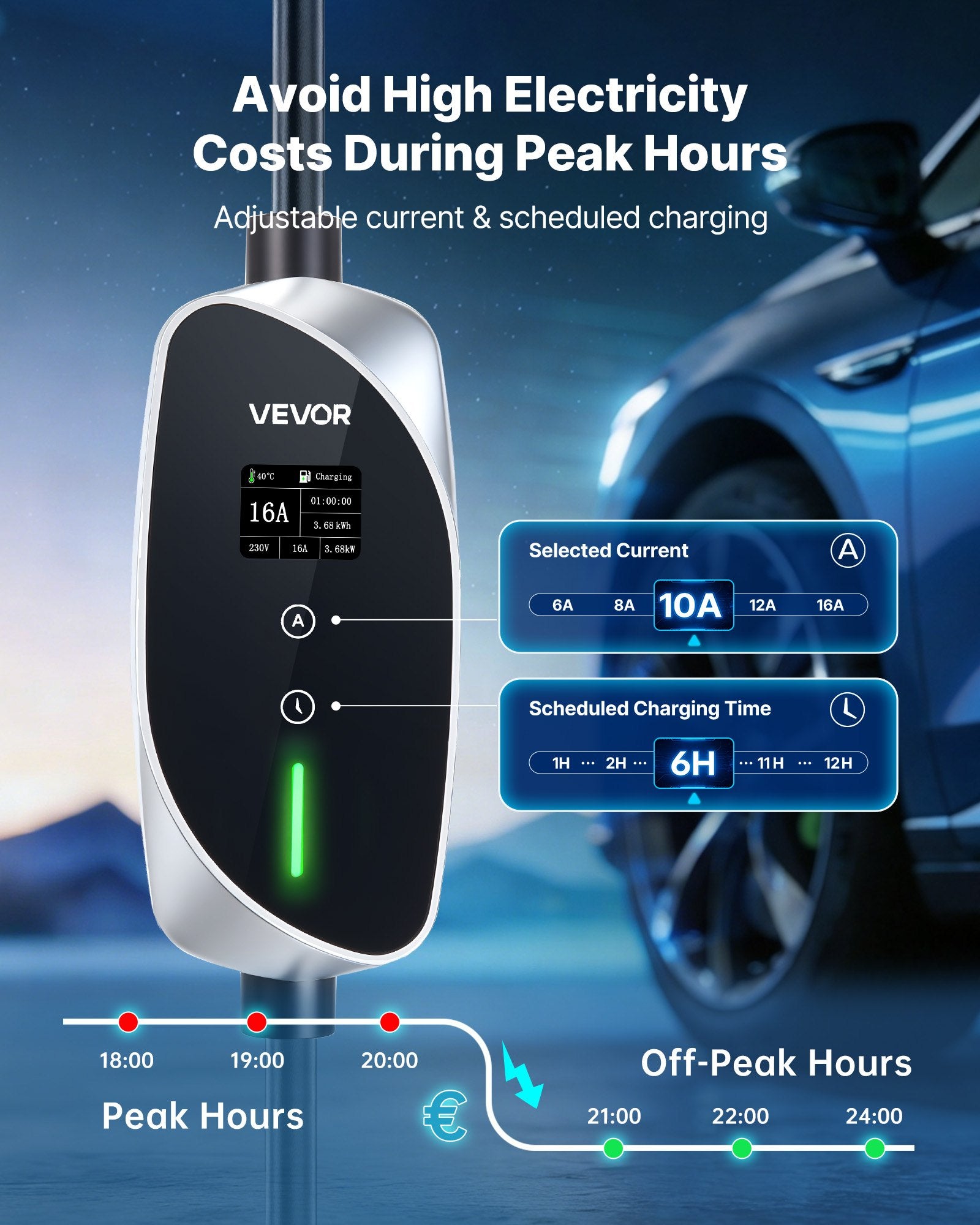 Nešiojamas elektromobilių įkroviklis VEVOR EV-ACS1602E/K3, 3.6 kW