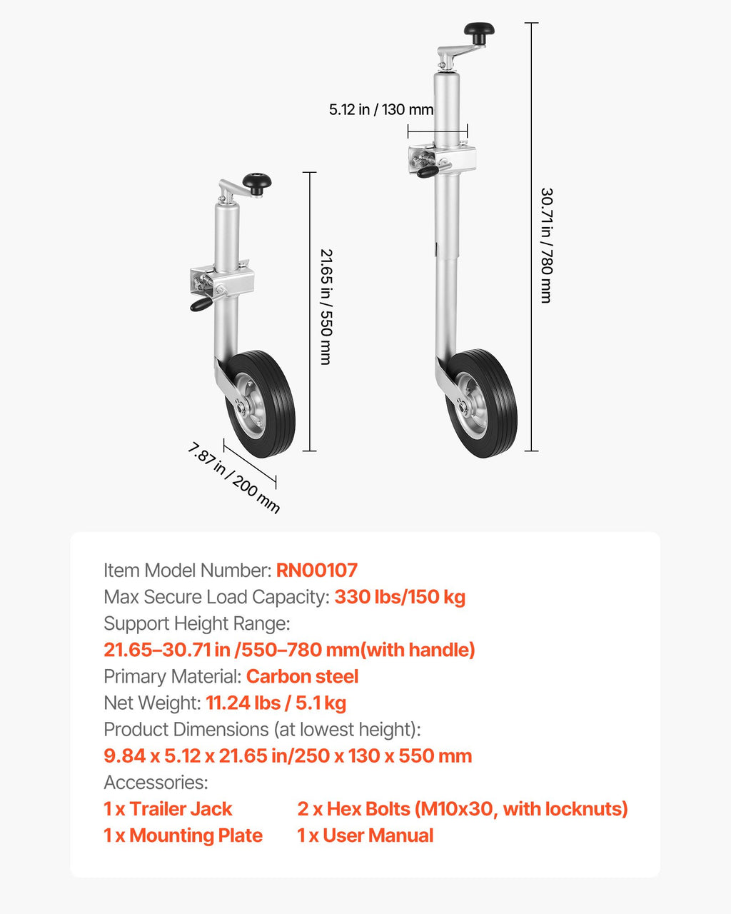 Priekabos atraminis ratukas VEVOR RN00107, 150 kg keliamoji galia
