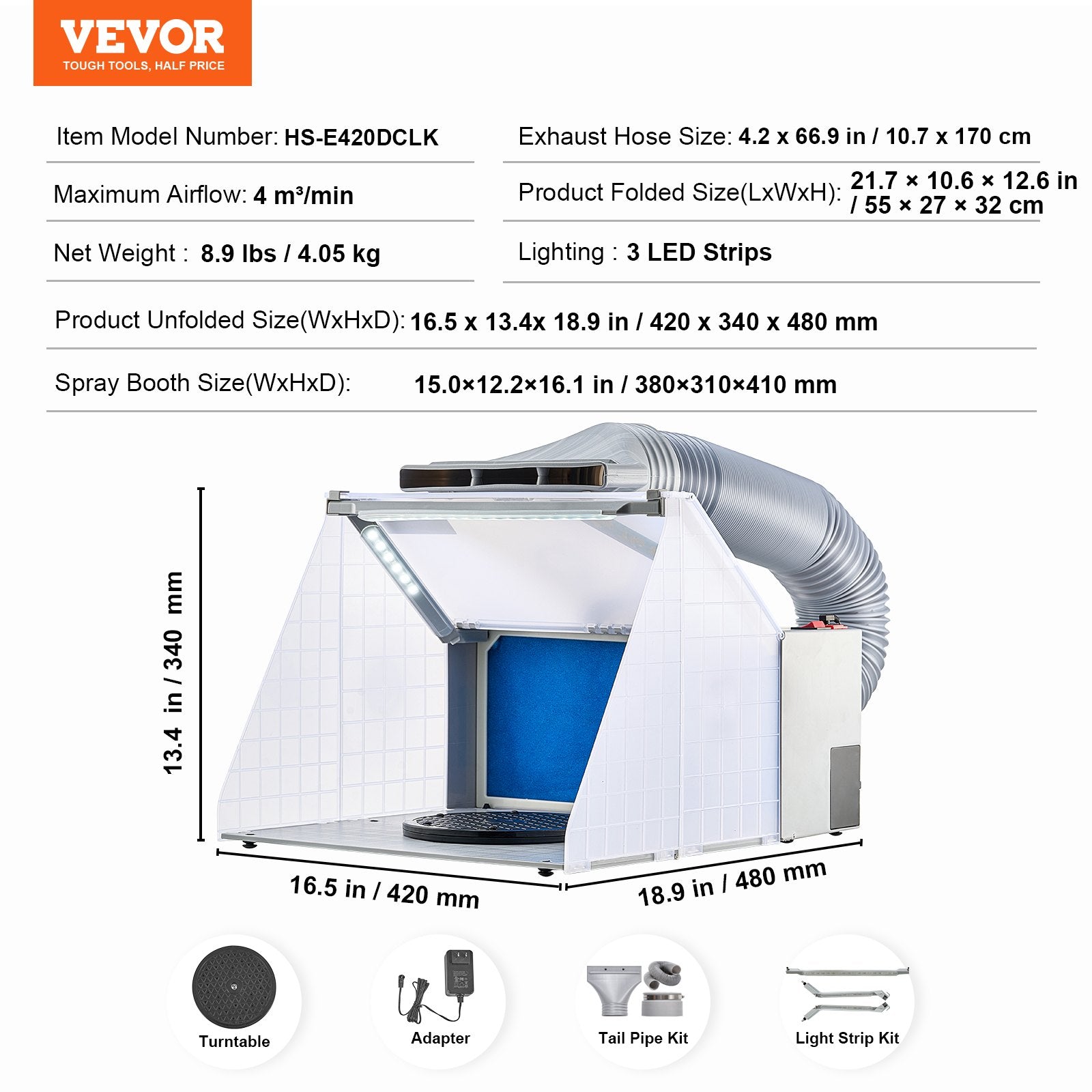 Aerografijos dažymo kamera VEVOR HS-E420DCLK, 4 m³/min oro srautas