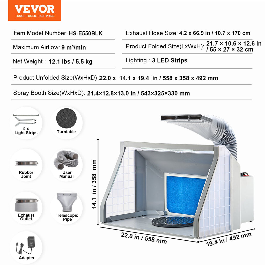 Aerografo dažymo kamera VEVOR HS-E550BLK, 9 m³/min oro srautas