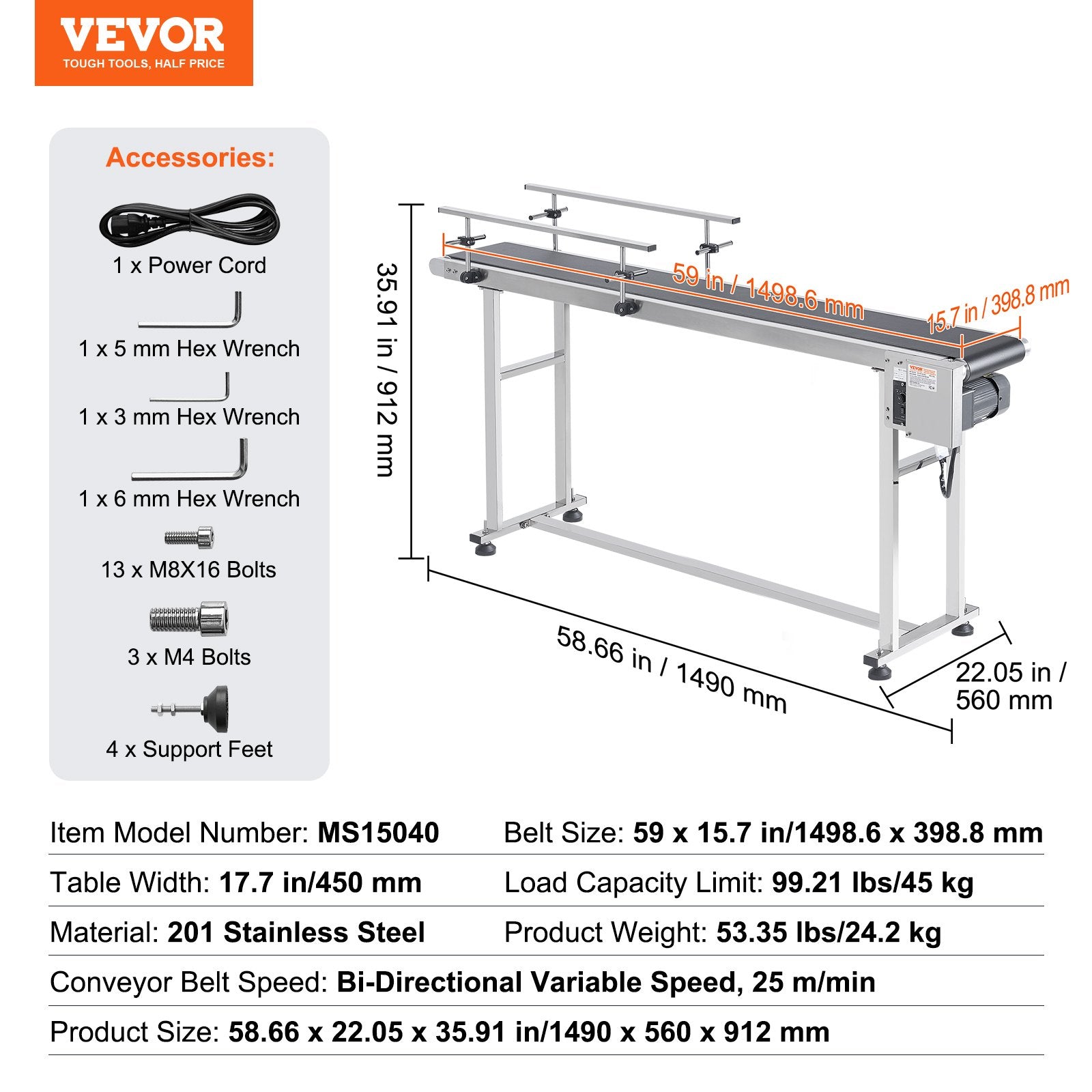Juostinis konvejeris VEVOR MS15040, 1500 x 400 mm