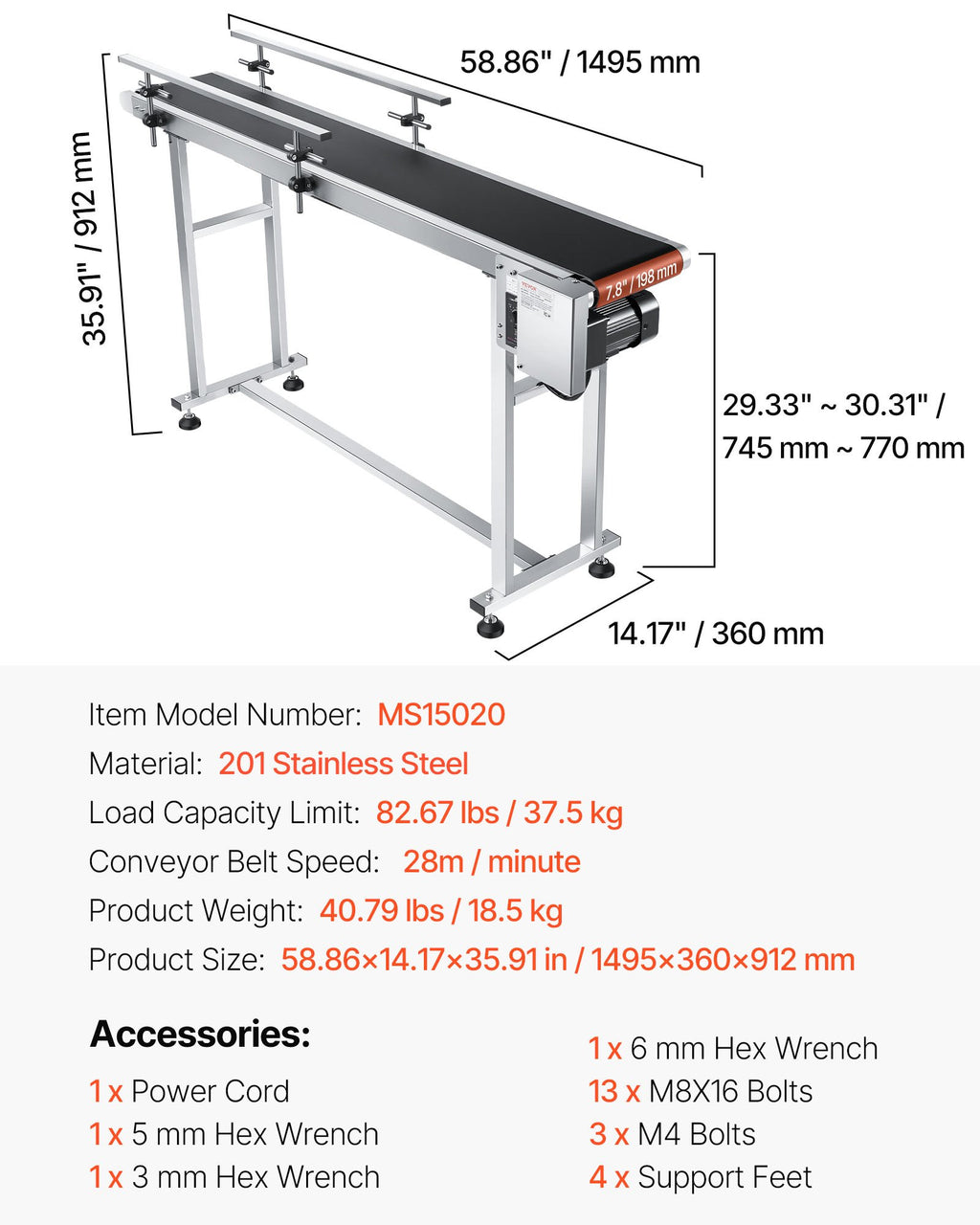 Juostinis konvejeris VEVOR MS15020, 150 cm ilgio