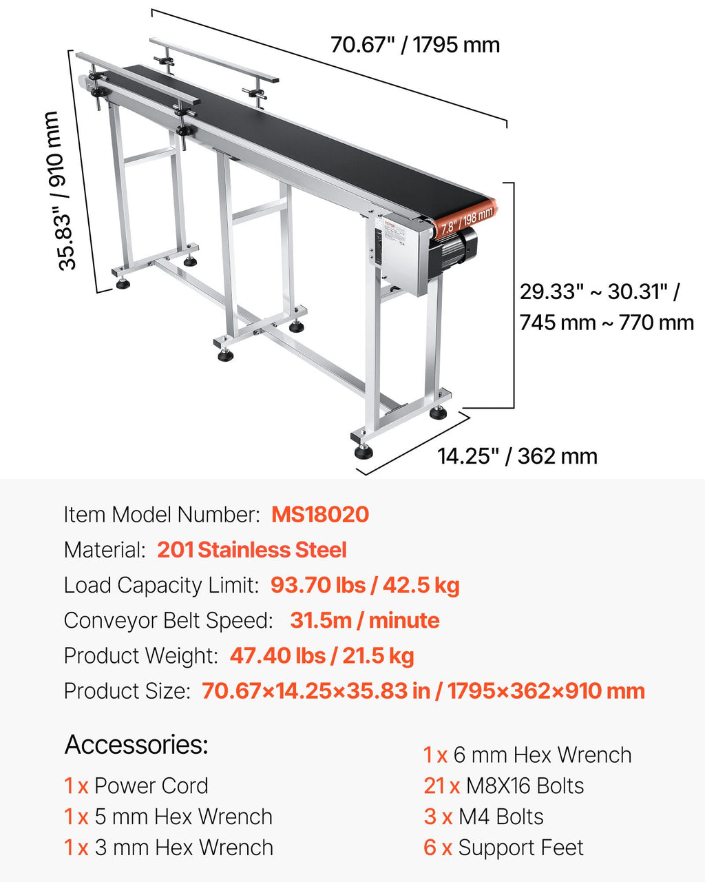 Juostinis konvejeris VEVOR MS18020, 180 x 20 cm