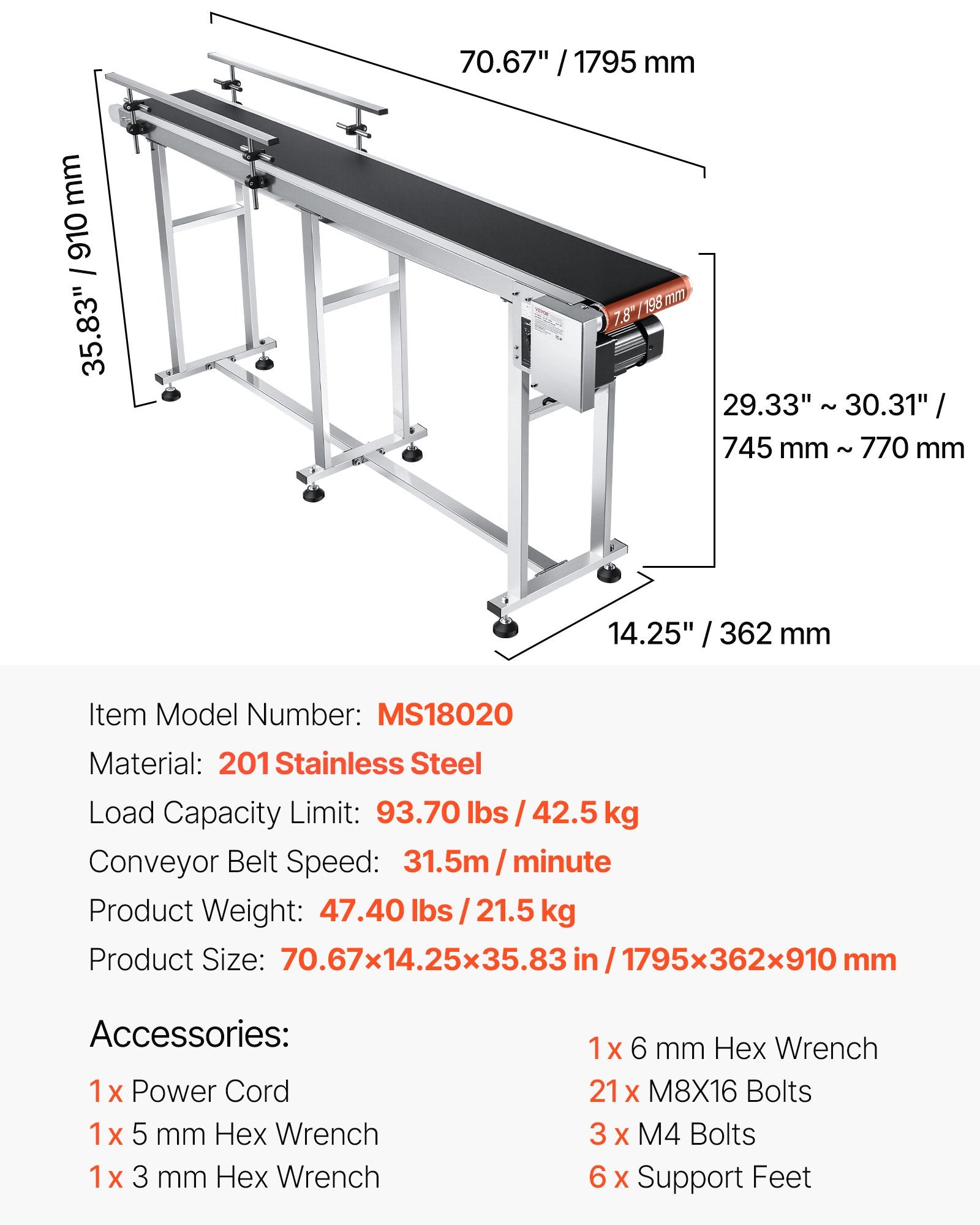 Juostinis konvejeris VEVOR MS18020, 180 x 20 cm