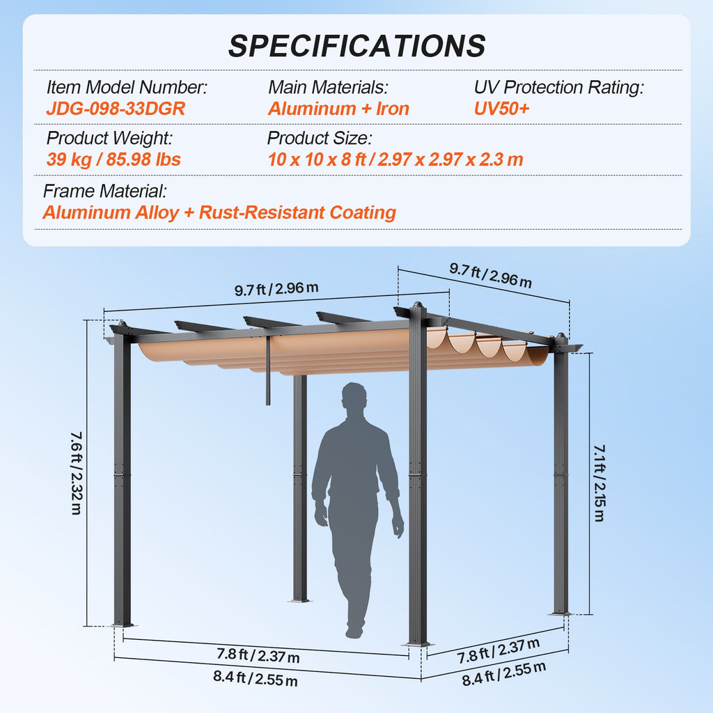 Lauko pavėsinė (pergola) VEVOR JDG-098-33DGR, 3 x 3 m
