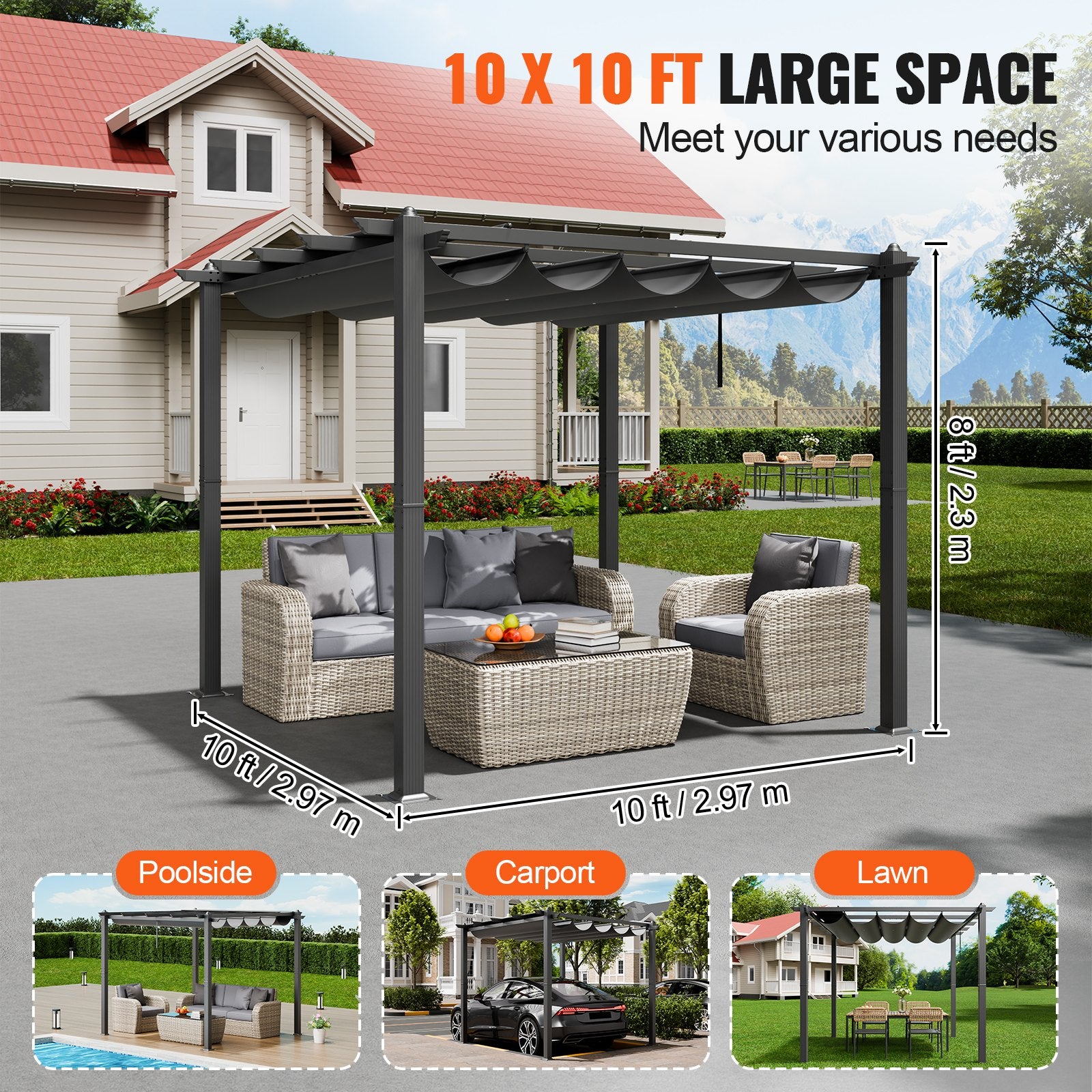 Pergola VEVOR JDG-098-33DBE, 3x3 m su ištraukiamu stogeliu