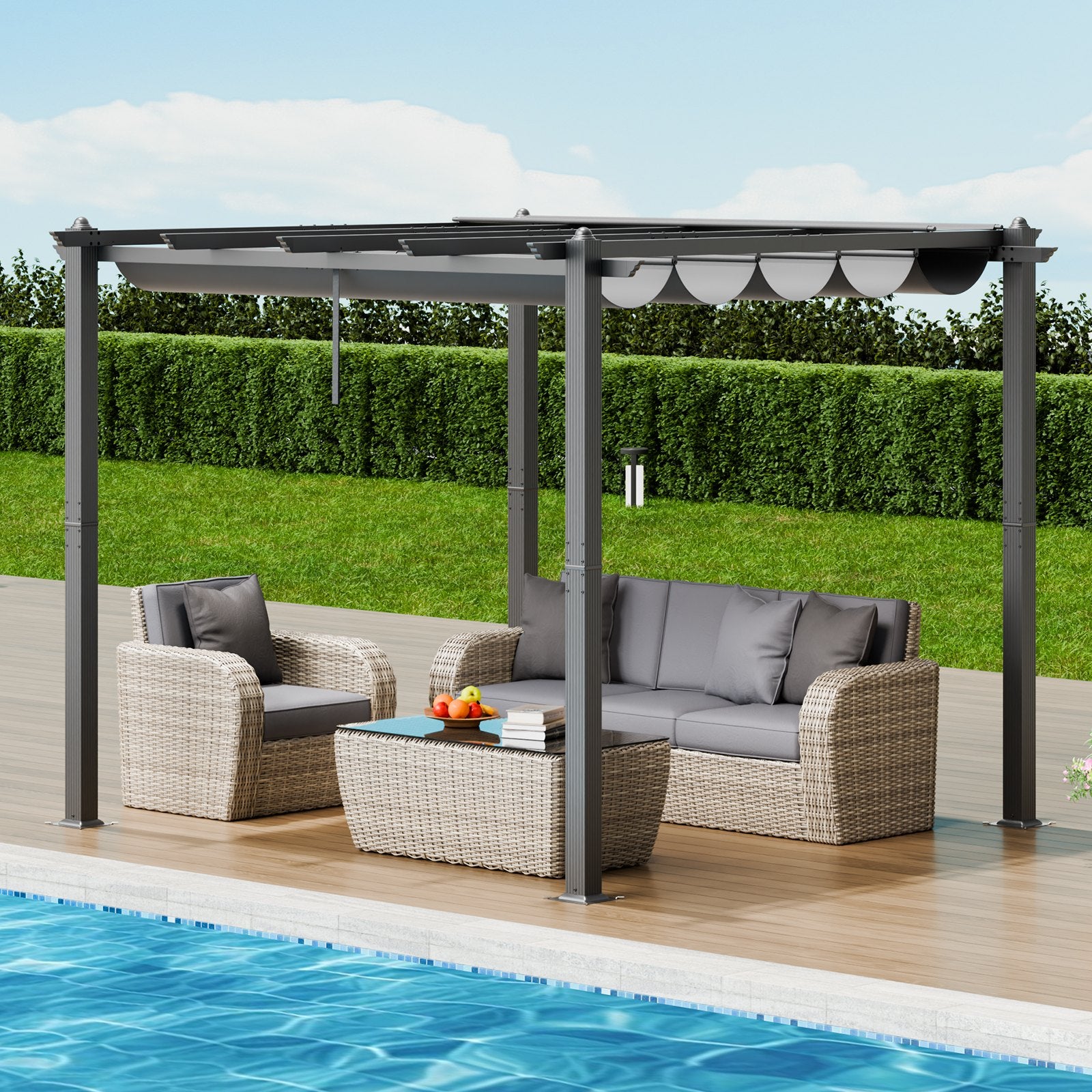 Pergola VEVOR JDG-098-33DBE, 3x3 m su ištraukiamu stogeliu
