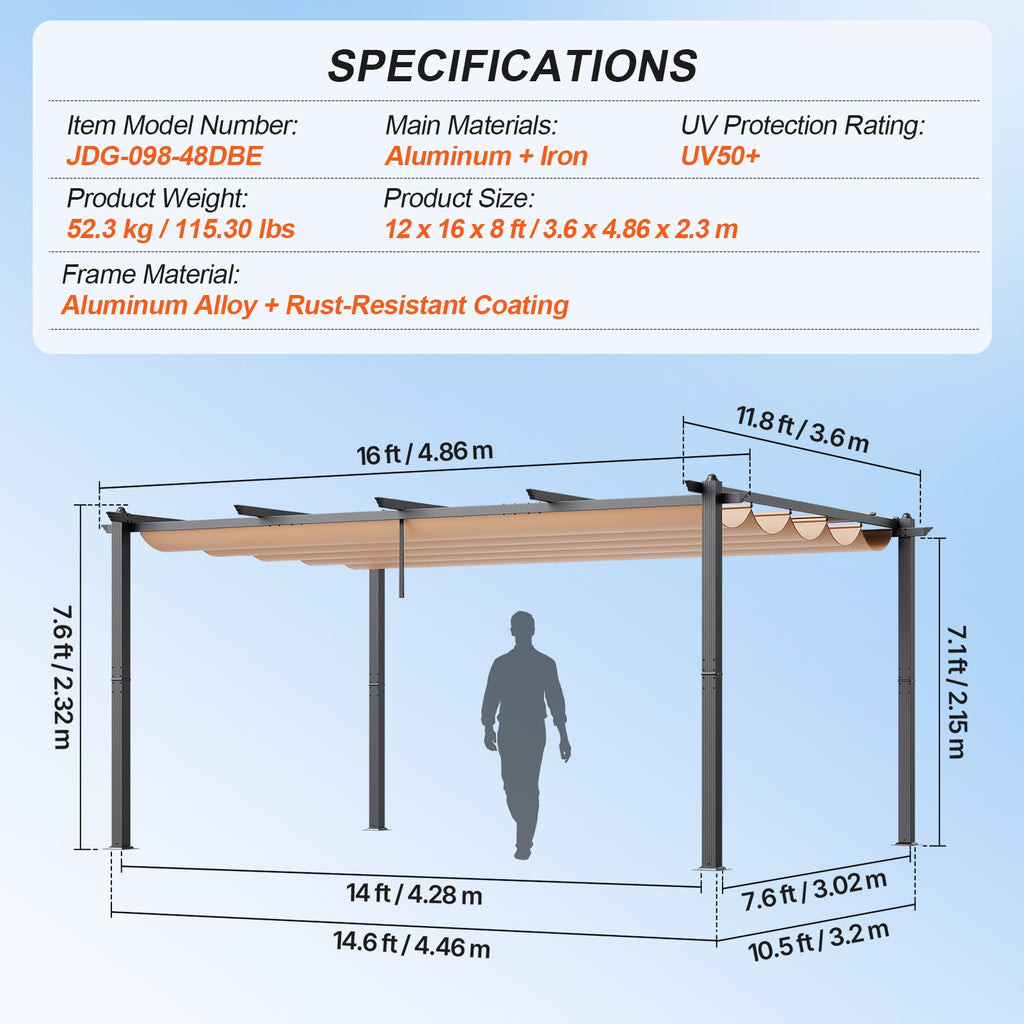 Lauko pavėsinė-pergola VEVOR JDG-098-48DBE, 3,6 x 4,86 m