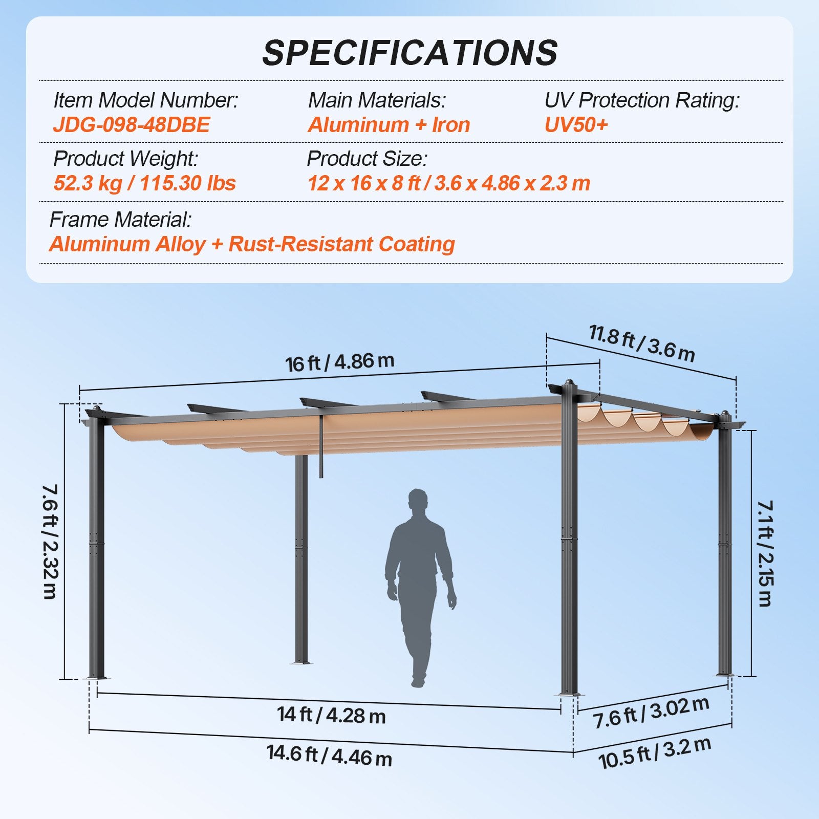 Lauko pavėsinė-pergola VEVOR JDG-098-48DBE, 3,6 x 4,86 m