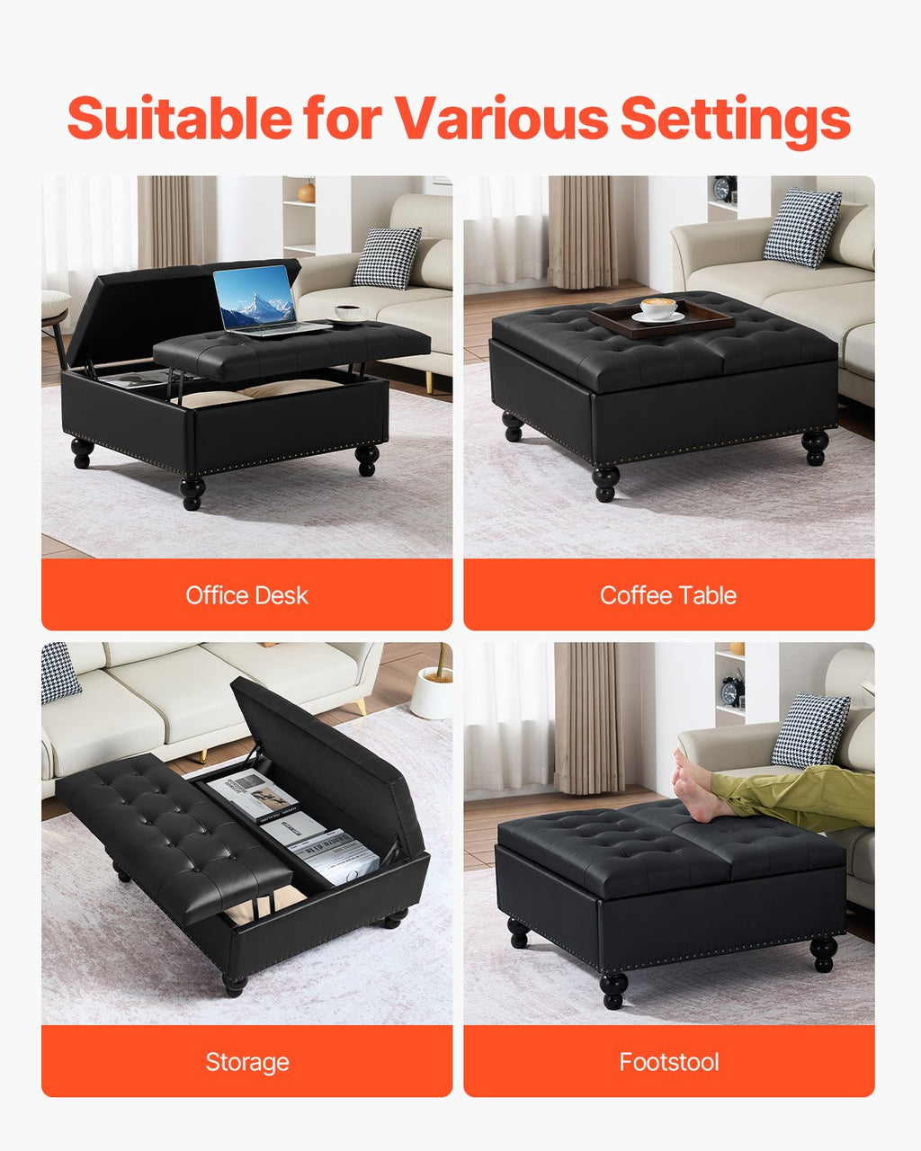 Pufas-daiktadėžė VEVOR CWD0099CA-KD-BLACK, 88 cm