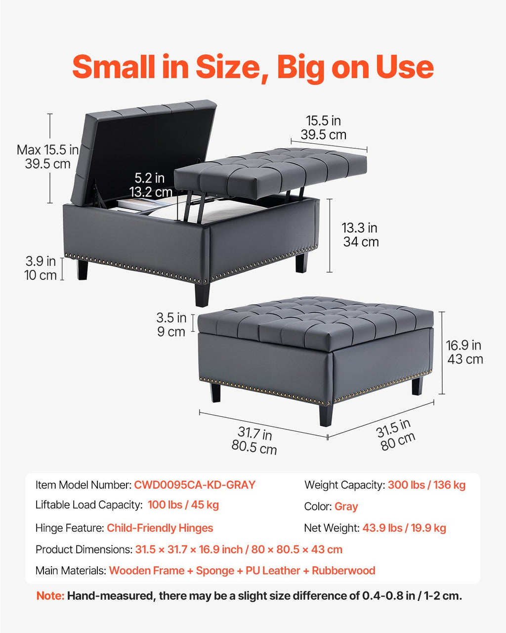 Kvadratinis pufas su daiktadėže VEVOR CWD0095CA-KD-GRAY, 80 cm