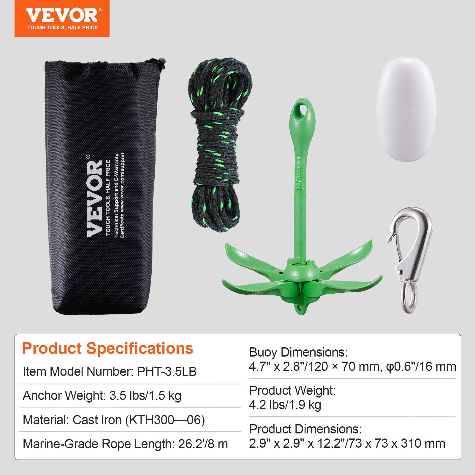 Baidarių inkaro rinkinys VEVOR PHT-3.5LB, 1,5 kg