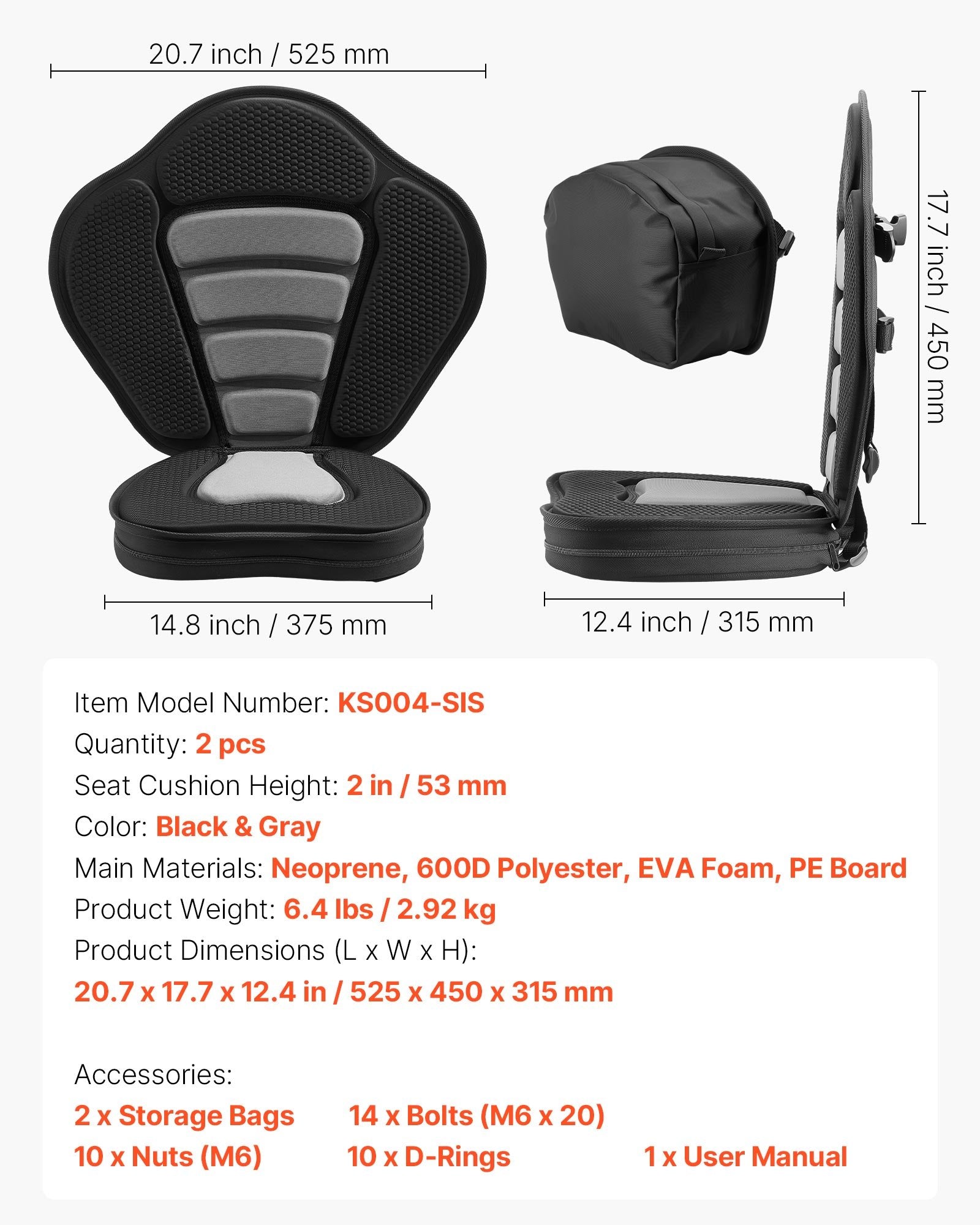 Baidarių kėdės VEVOR KS004-SIS, 2 vnt., 53 mm storio