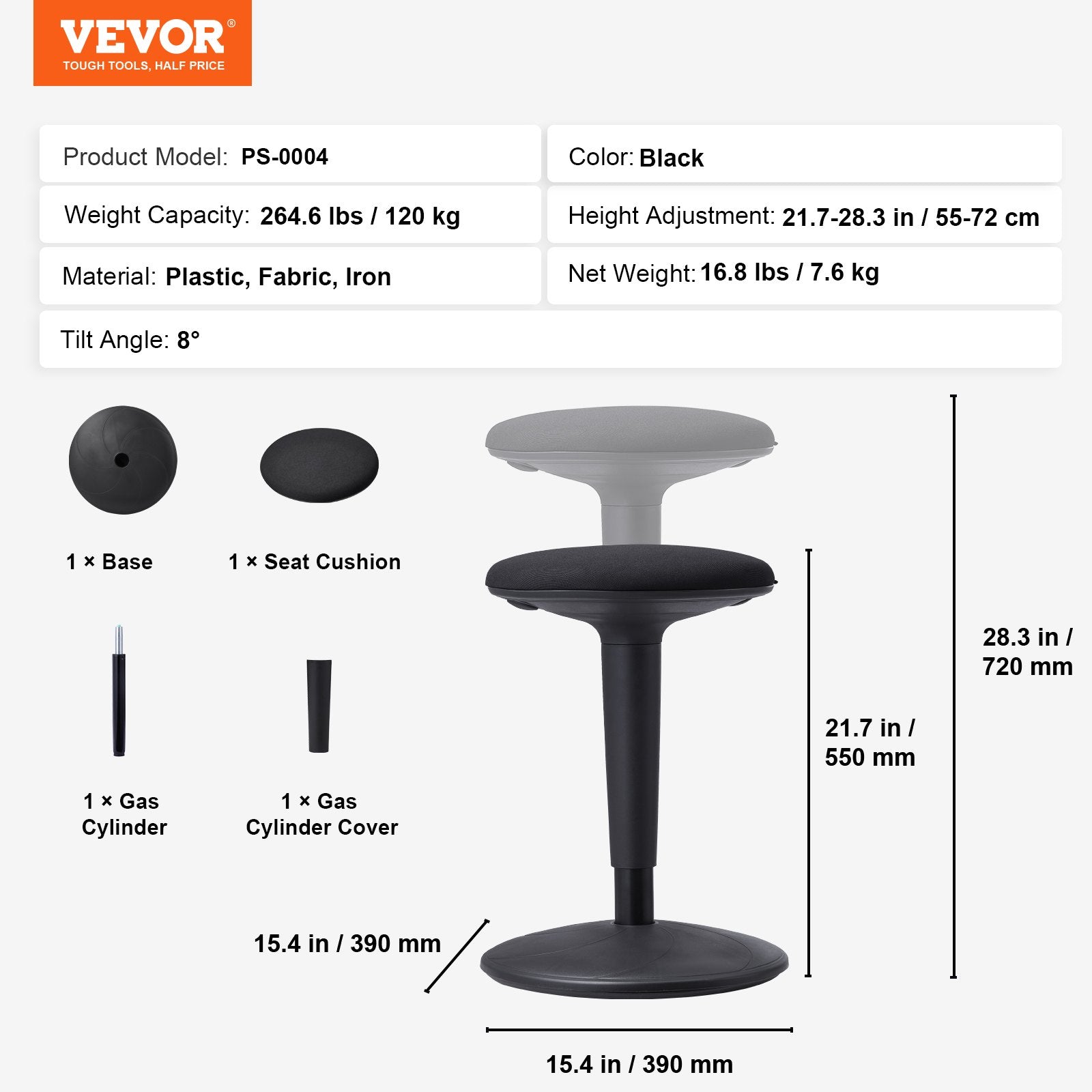 Aktyvaus sėdėjimo kėdė VEVOR PS-0004, reguliuojamas aukštis (55-72 cm)
