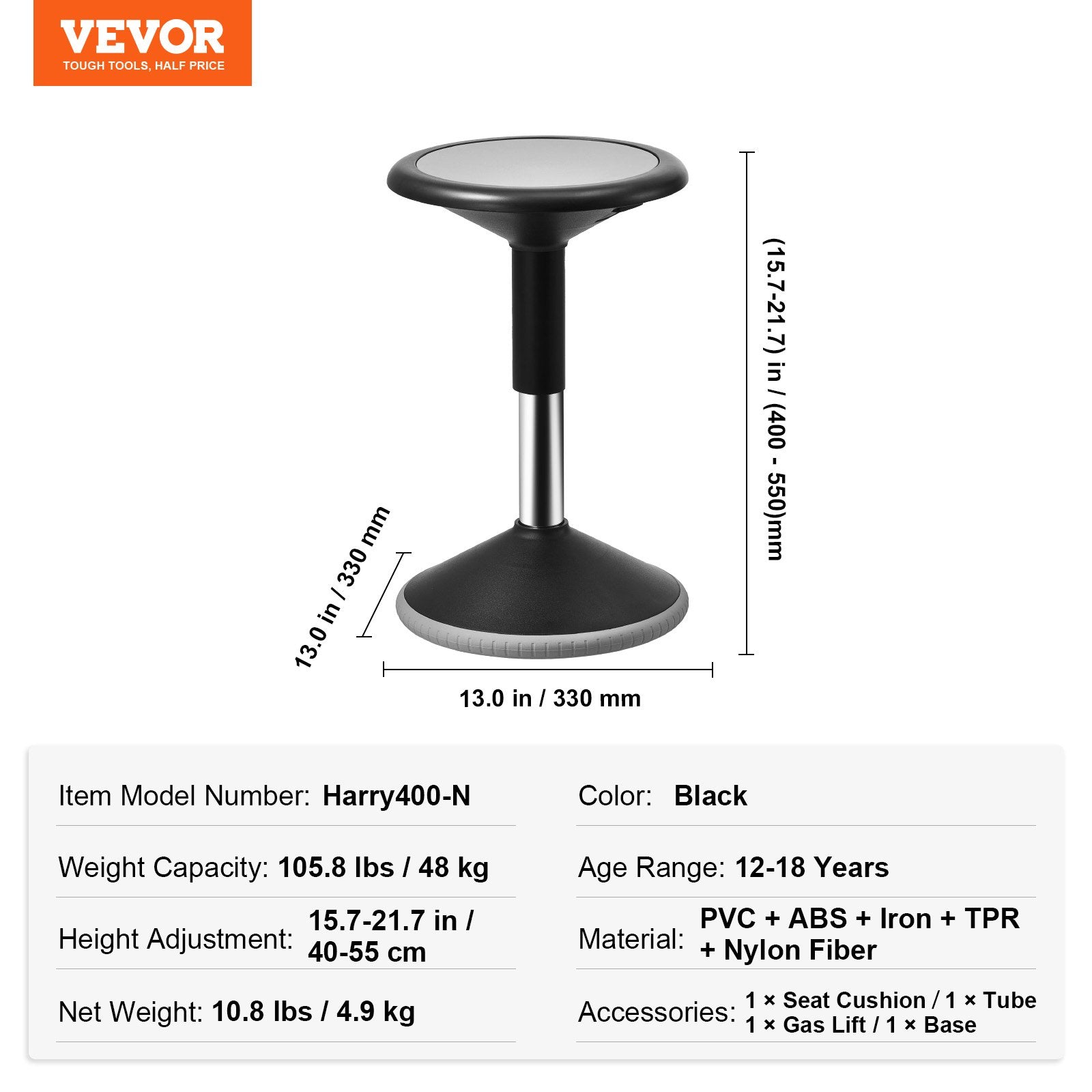 Aktyvaus sėdėjimo kėdė VEVOR Harry400-N, reguliuojamas aukštis (40-55 cm)