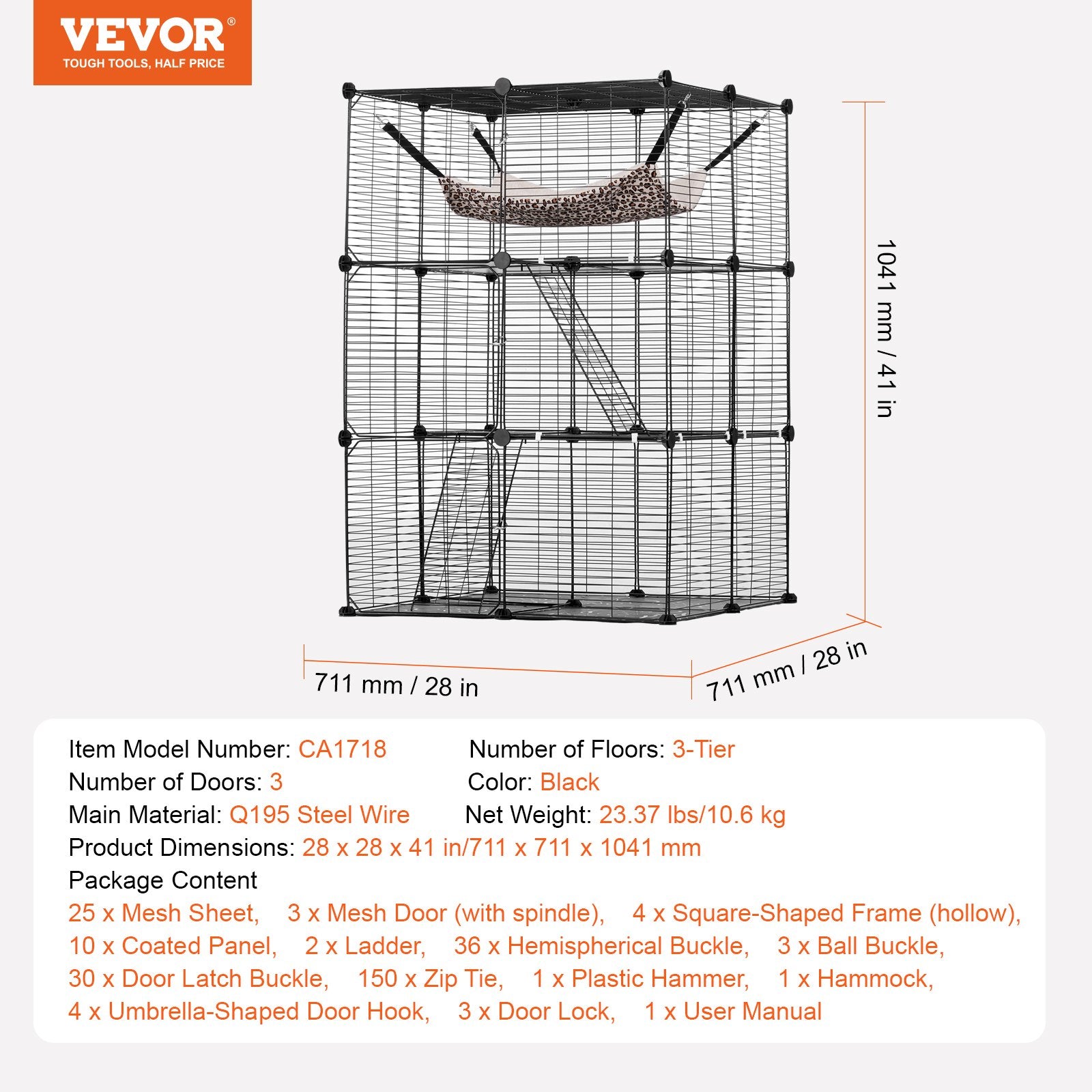Trijų aukštų narvas katėms VEVOR LS0262, 71x71x104 cm