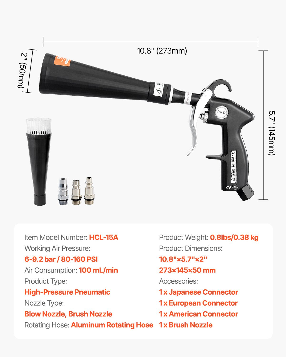 Pneumatinis automobilių valymo pistoletas VEVOR HCL-15A, 6–9,2 bar