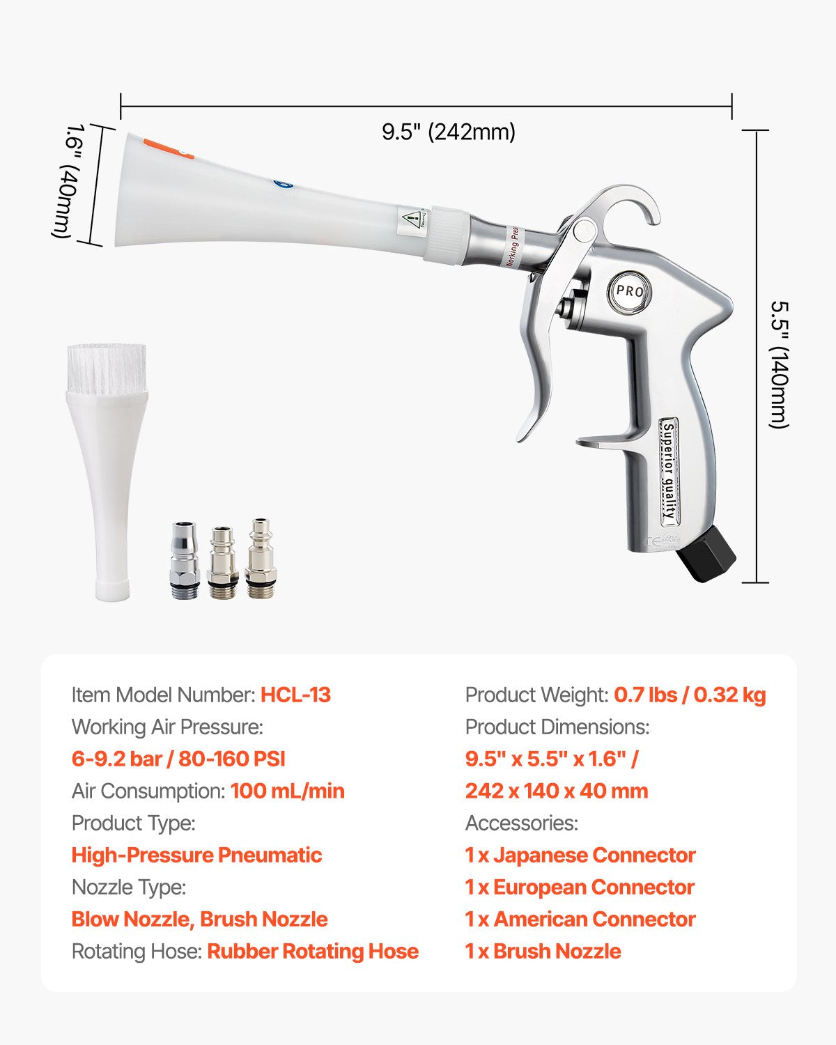 Pneumatinis automobilių valymo pistoletas VEVOR HCL-13, 6–9,2 bar