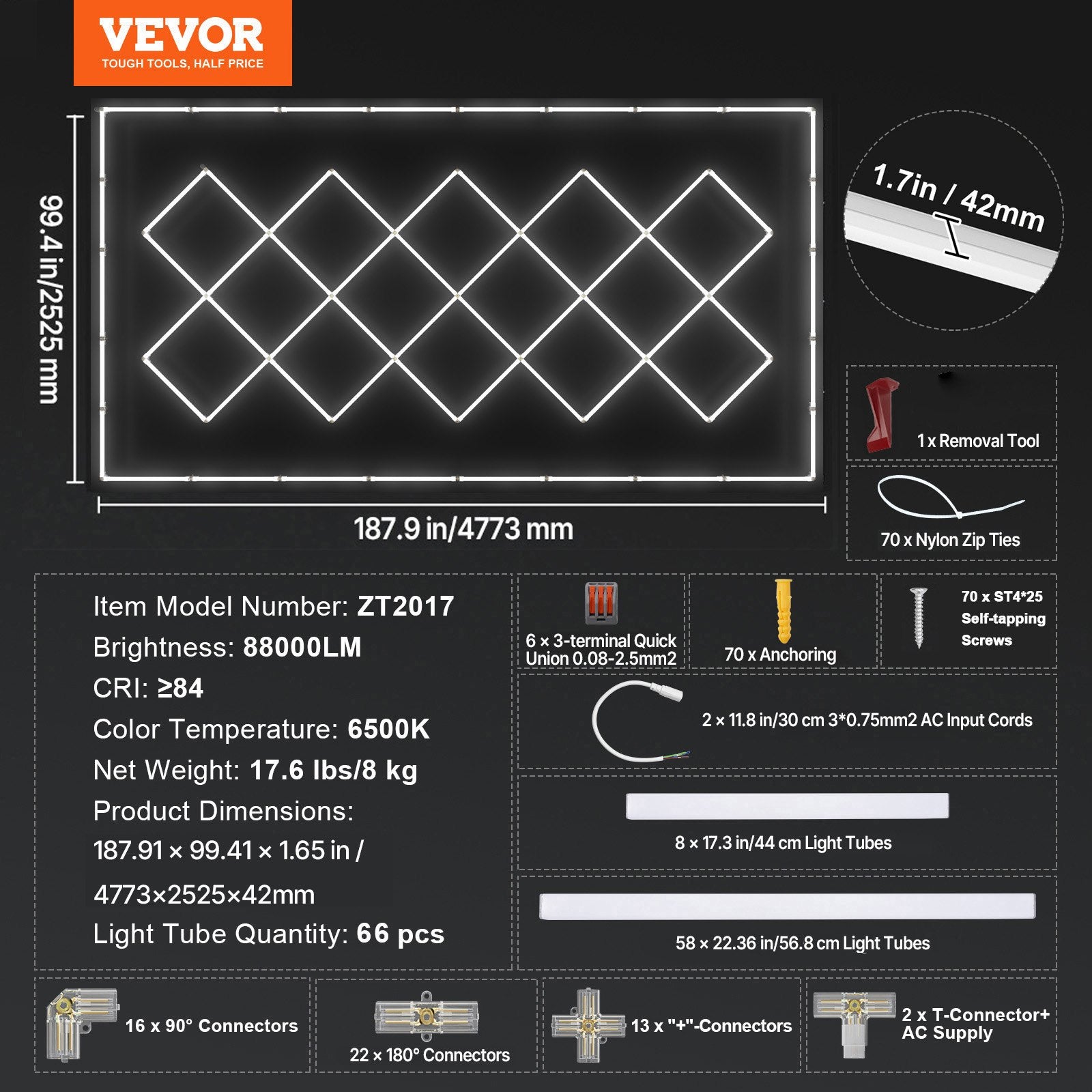 LED garažo apšvietimo sistema VEVOR ZT2017, 88000 lm
