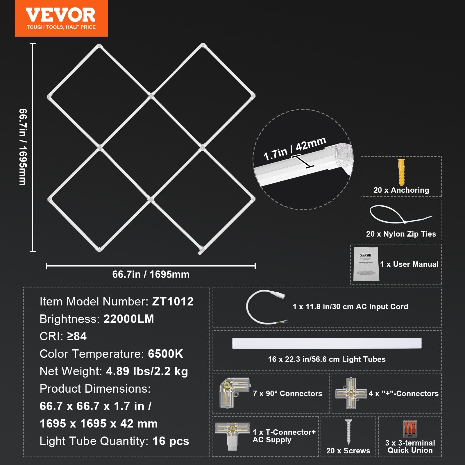 LED garažo apšvietimo sistema VEVOR ZT1012, 22000 lm