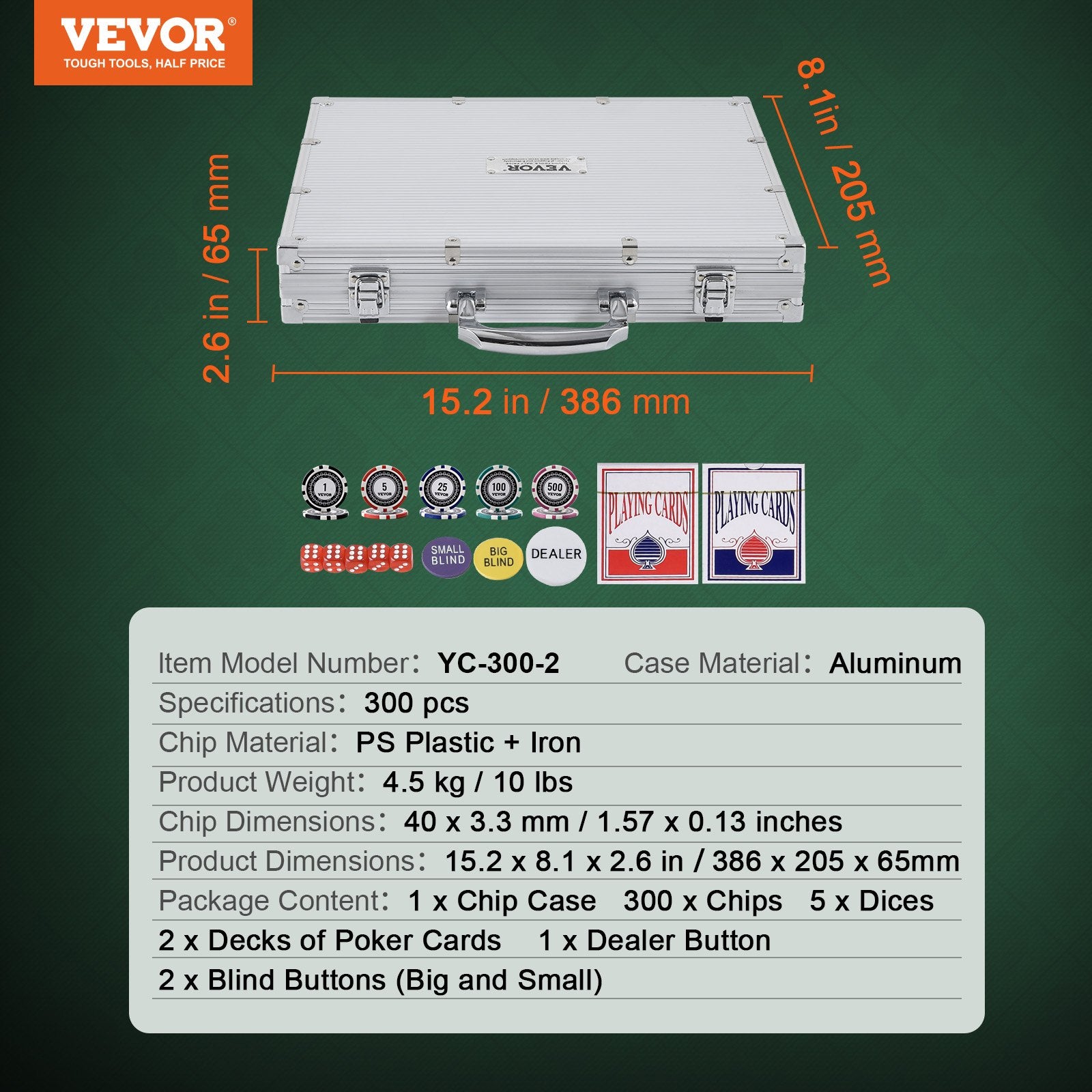 Pokerio rinkinys VEVOR YC-300-2, 300 žetonų