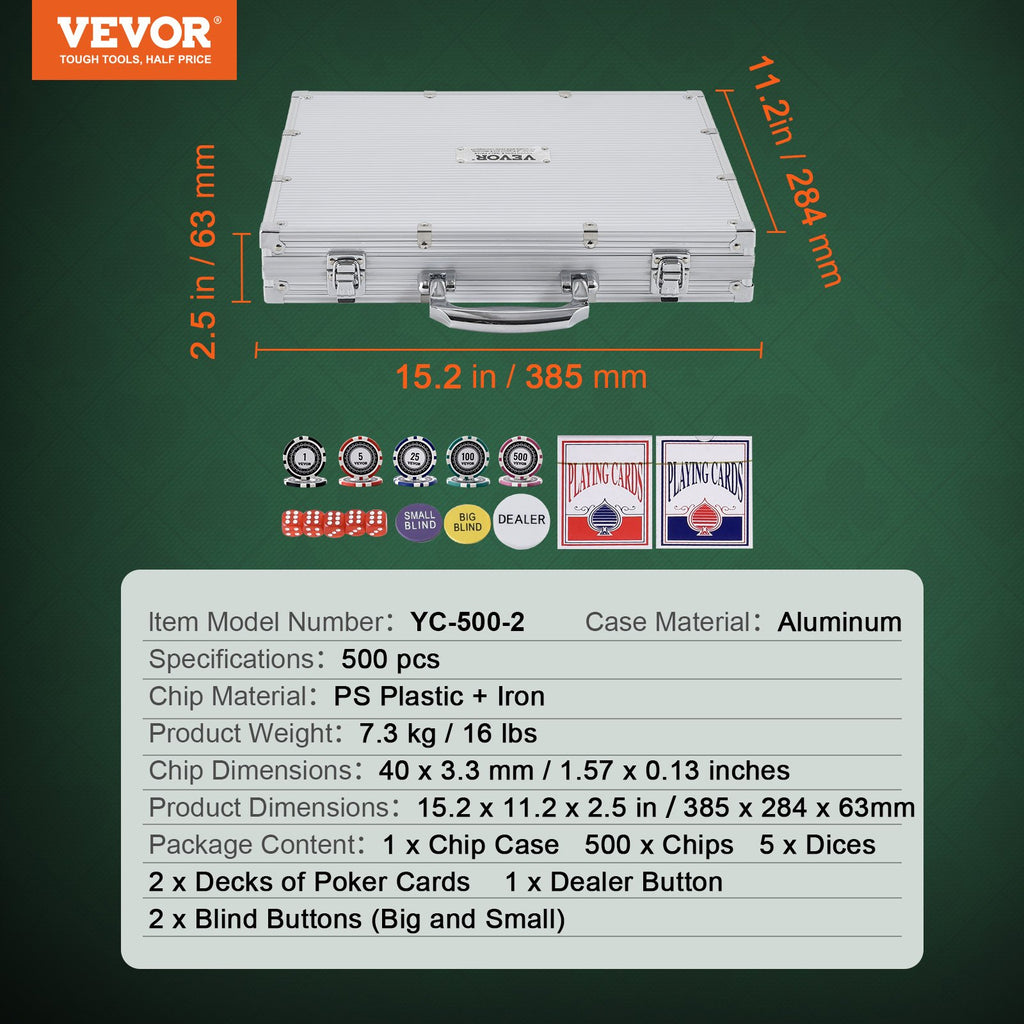 Pokerio rinkinys VEVOR YC-500-2, 500 žetonų