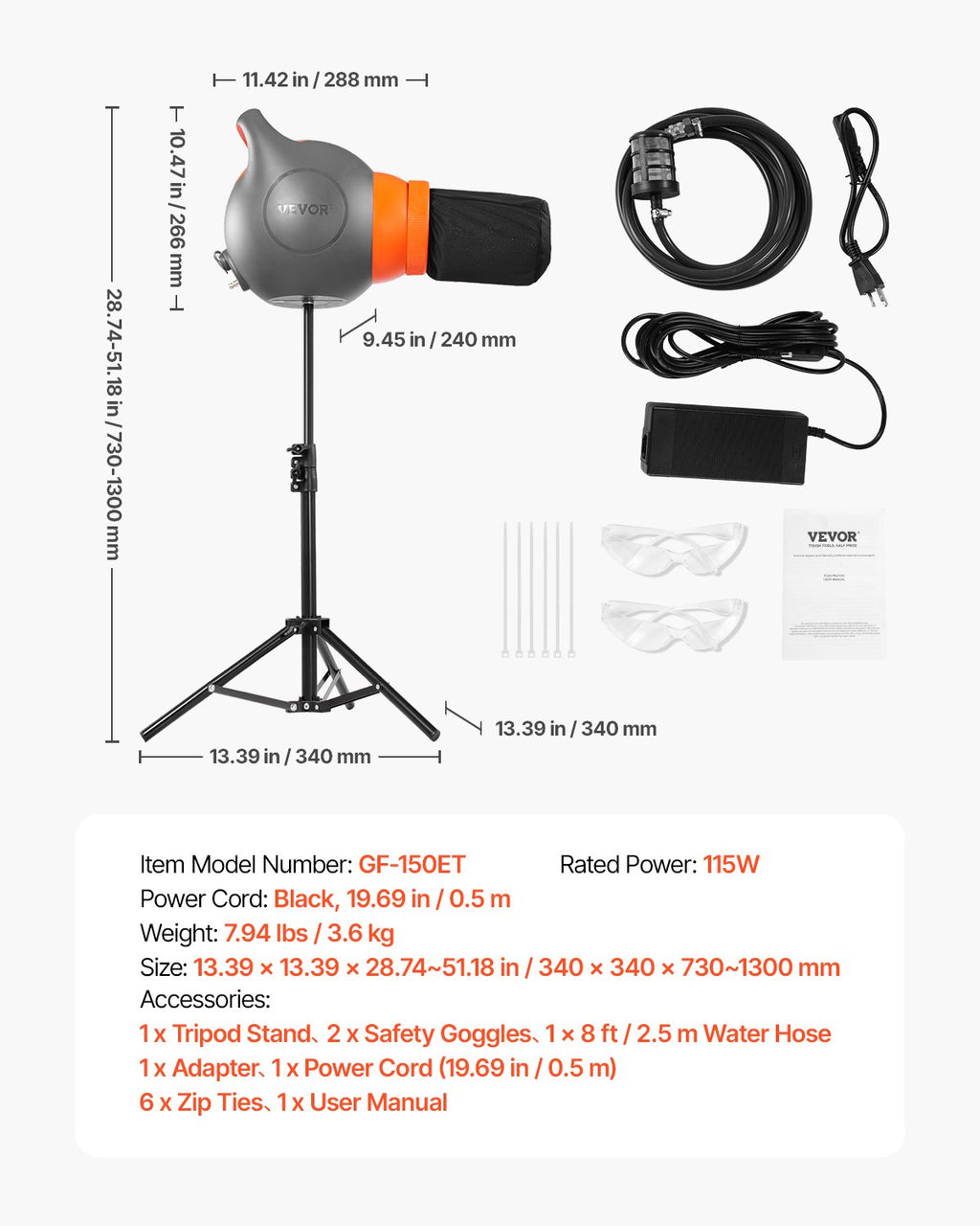 Putų mašina VEVOR GF-150ET, 115 W
