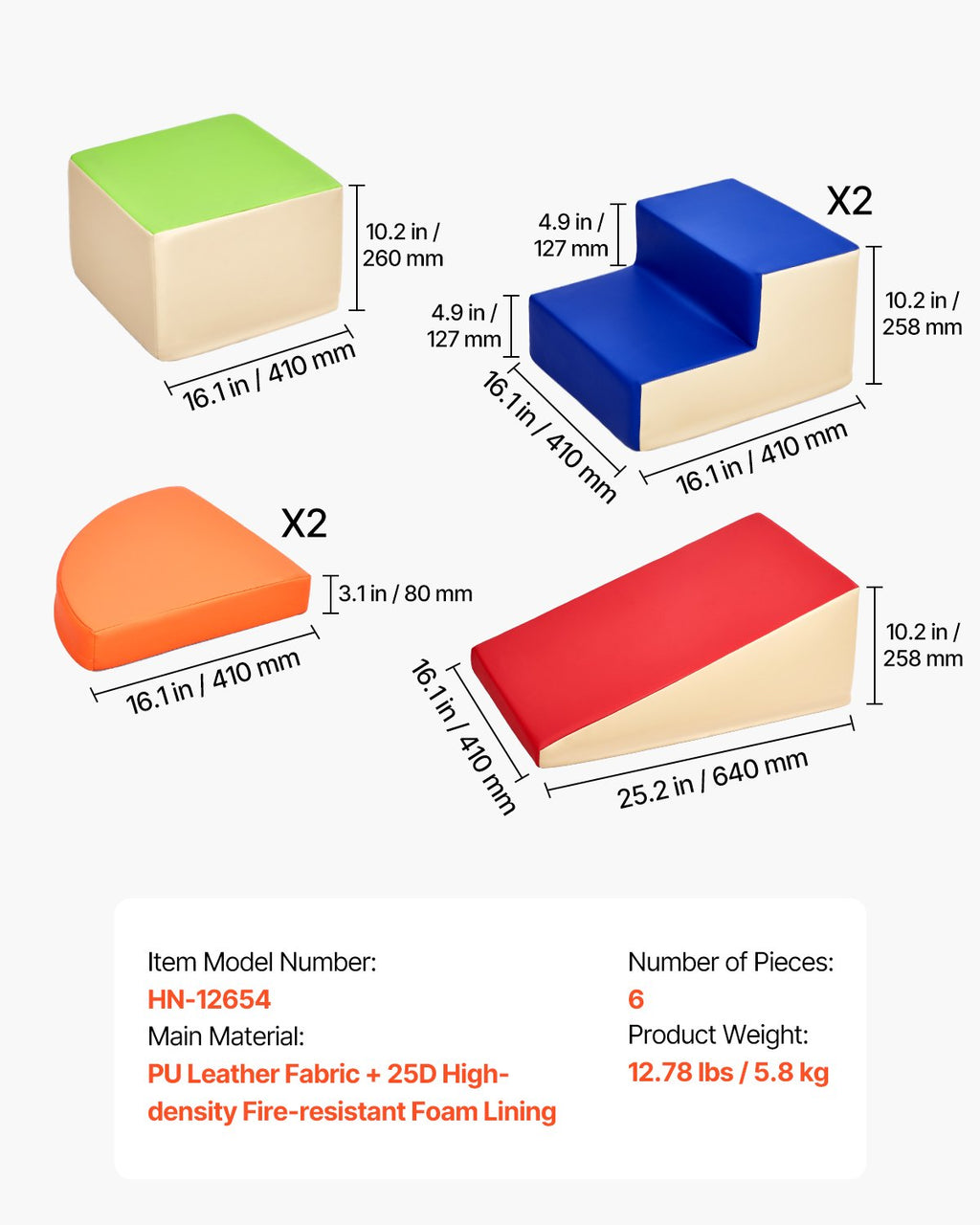 Minkštos laipiojimo kaladėlės VEVOR HN-12654, 6 dalių rinkinys