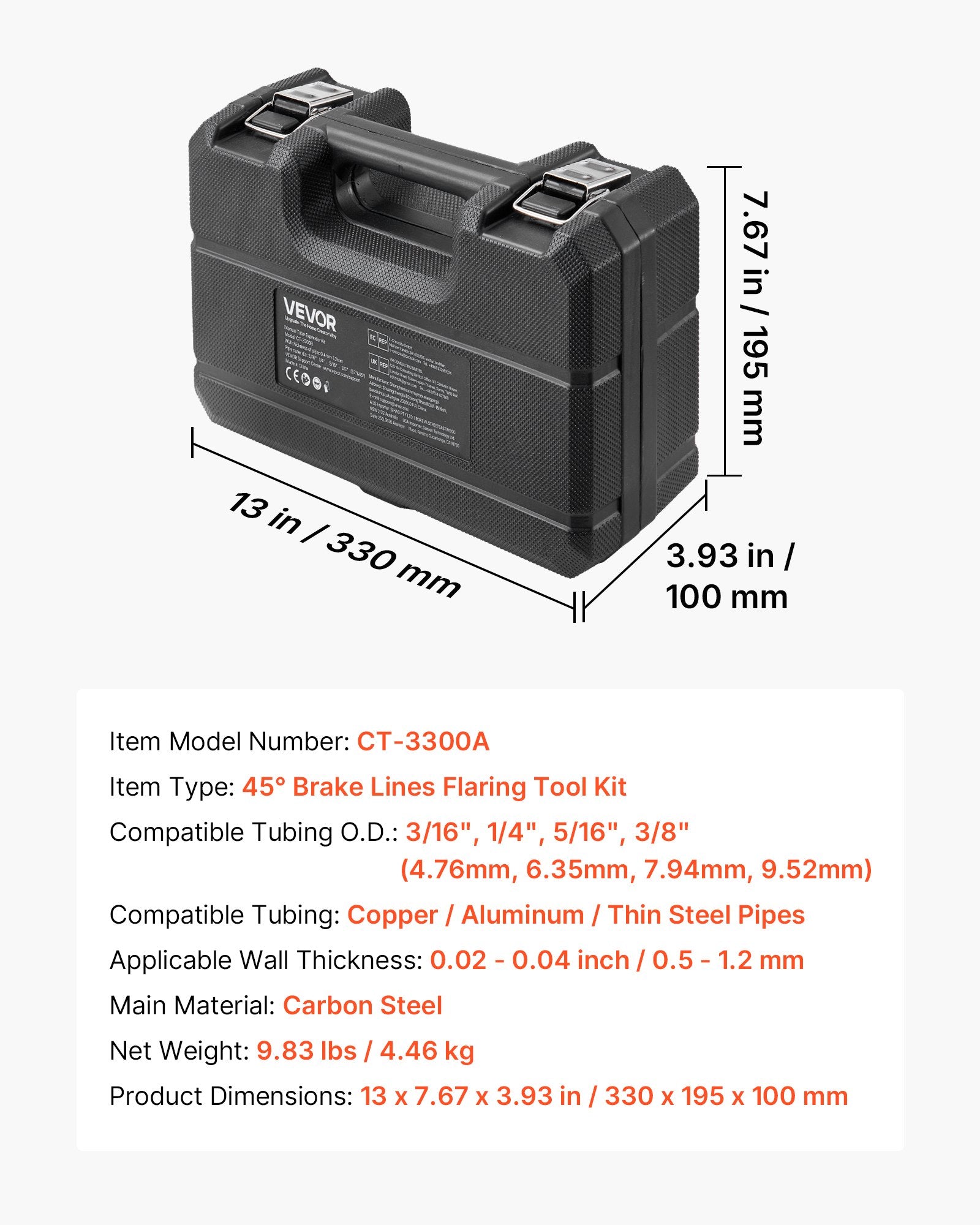 Stabdžių vamzdelių valcavimo įrankių rinkinys VEVOR CT-3300A, 4.76–9.52 mm vamzdeliams