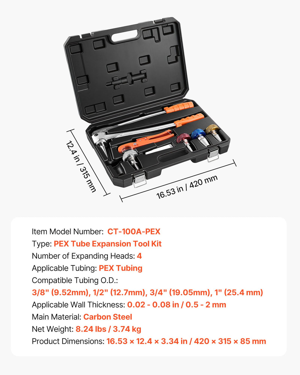 PEX vamzdžių plėtimo įrankių rinkinys VEVOR CT-100A-PEX, 4 plėtimo galvutės