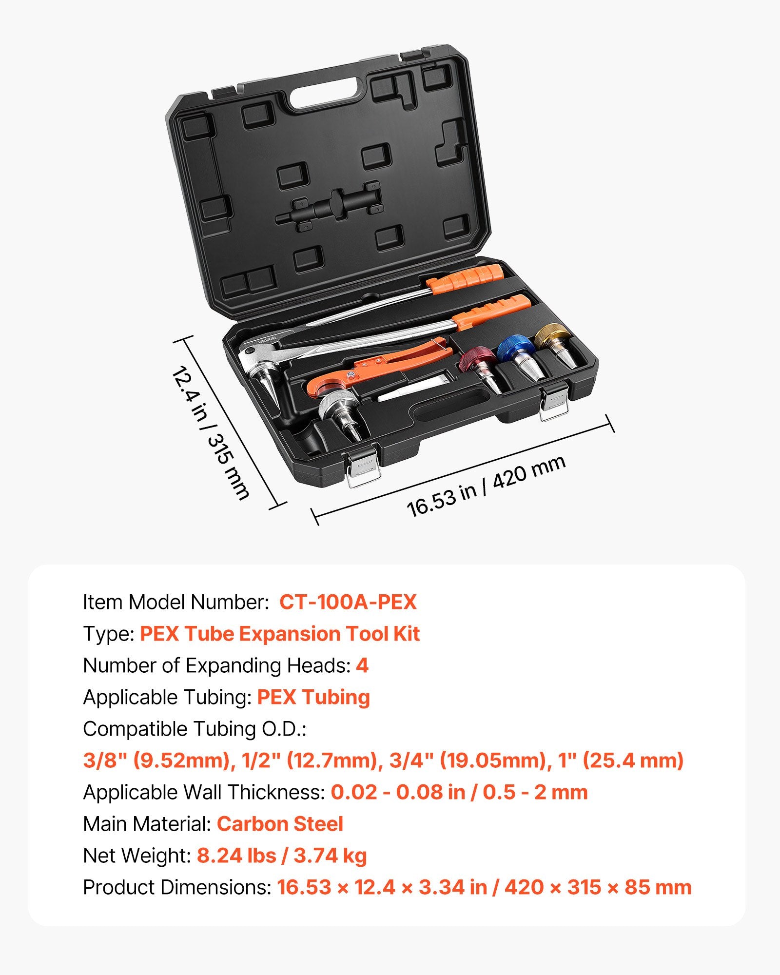 PEX vamzdžių plėtimo įrankių rinkinys VEVOR CT-100A-PEX, 4 plėtimo galvutės