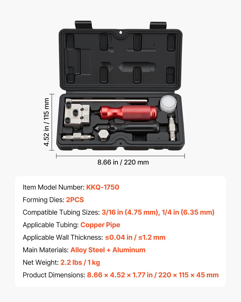 Stabdžių vamzdelių valcavimo įrankių rinkinys VEVOR KKQ-1750, 4.75–6.35 mm