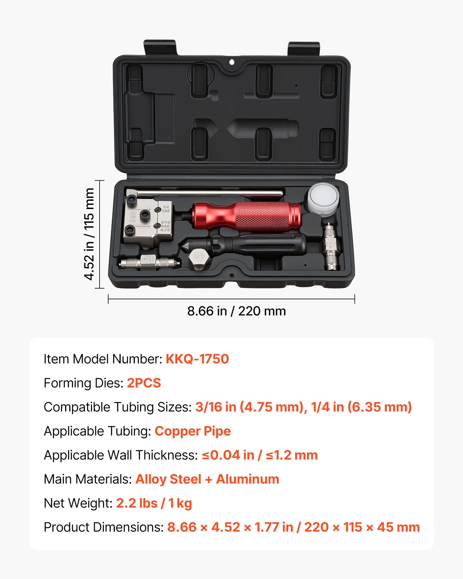 Stabdžių vamzdelių valcavimo įrankių rinkinys VEVOR KKQ-1750, 4.75–6.35 mm