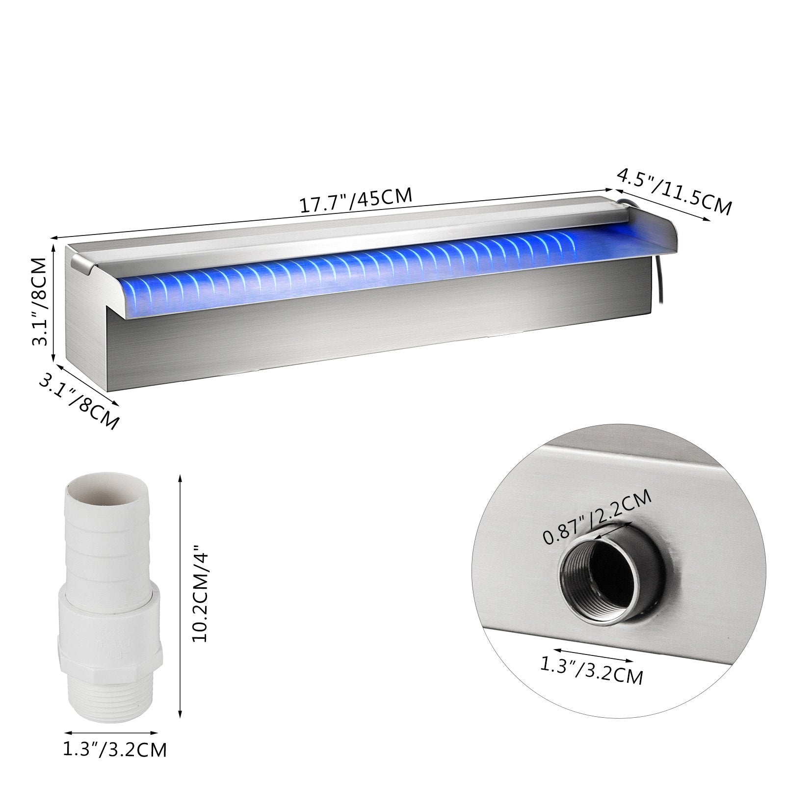 Baseino krioklys VEVOR 45 cm, nerūdijančio plieno su LED apšvietimu