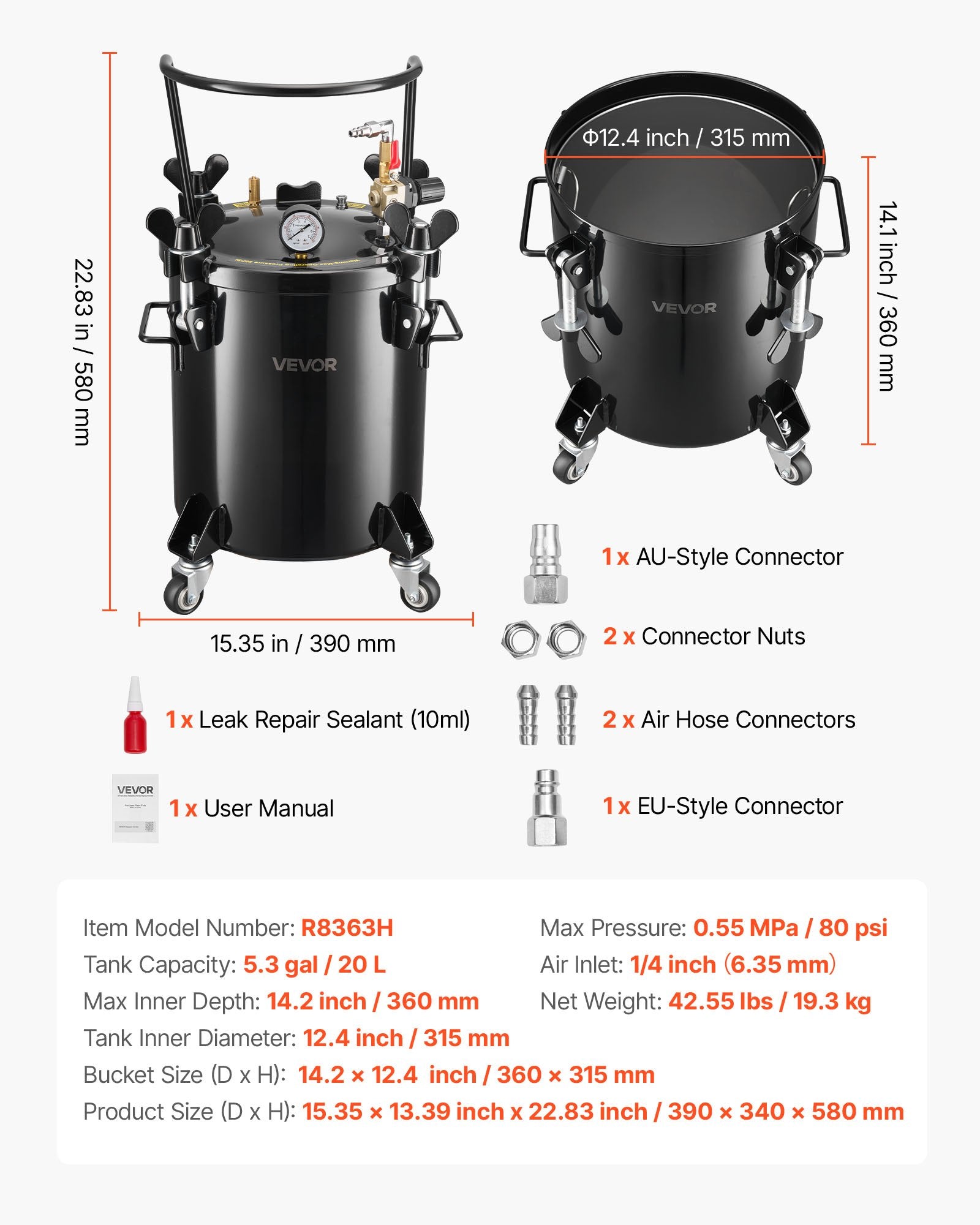 Slėginis indas dervai VEVOR R8363H, 20 L