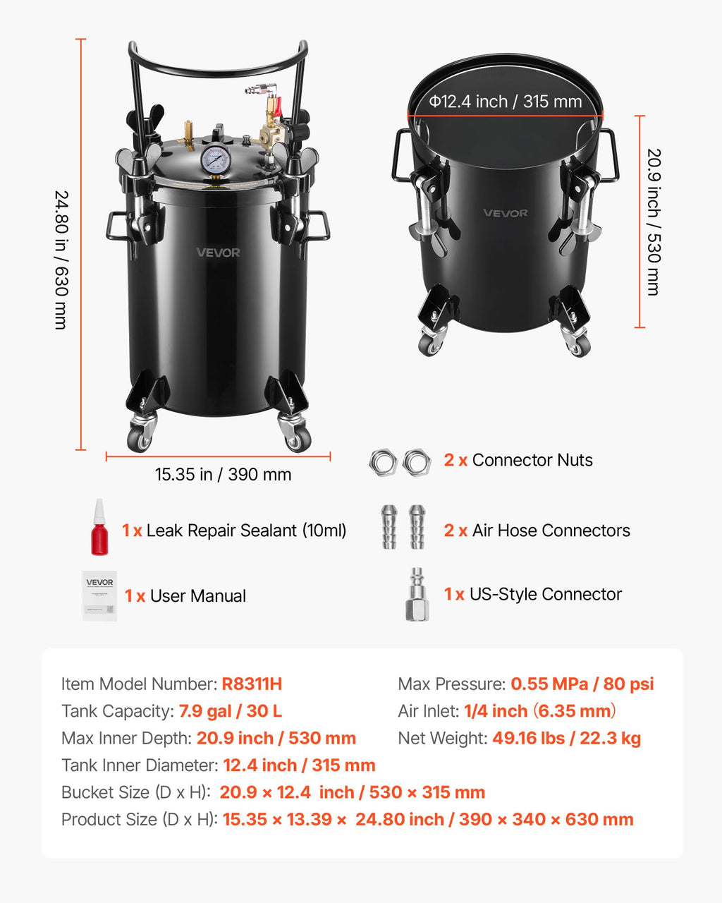 Slėginis indas dervai VEVOR R8311H, 30 L