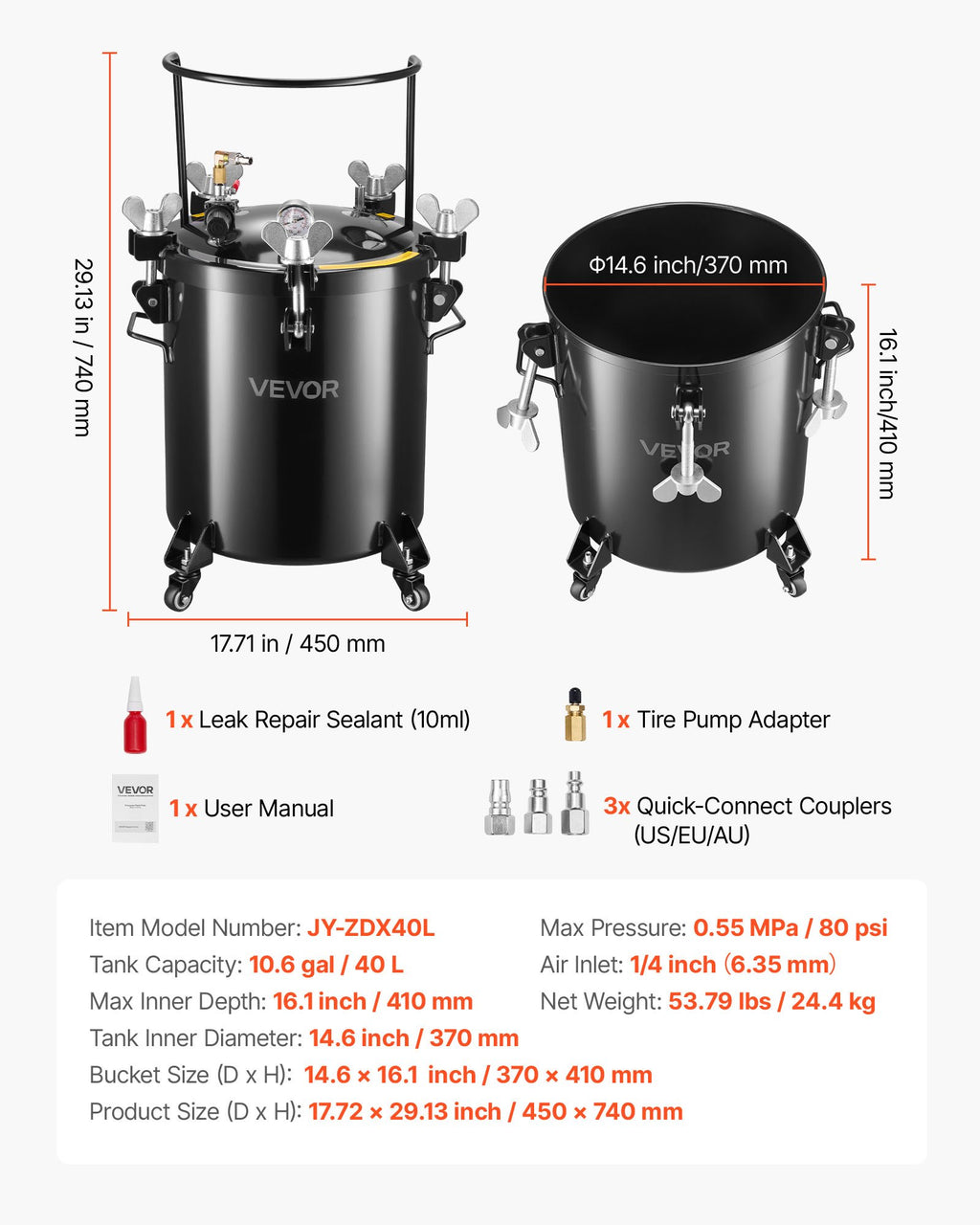 Slėginis bakas dervai VEVOR JY-ZDX40L, 40 l
