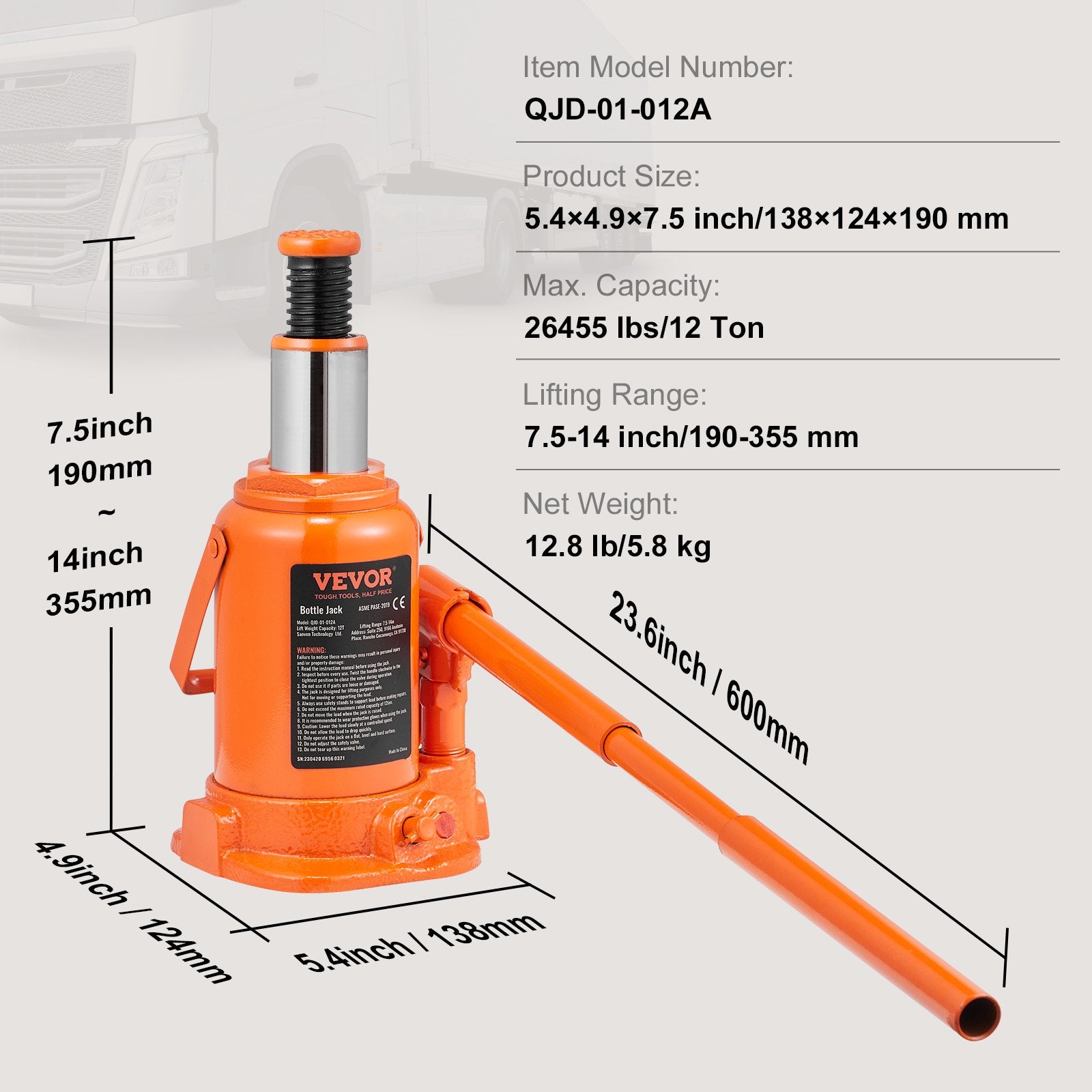 Hidraulinis domkratas VEVOR QJD-01-012A, 12 t