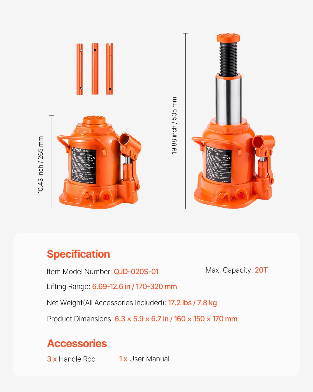 Hidraulinis domkratas VEVOR QJD-020S-01, 20 t